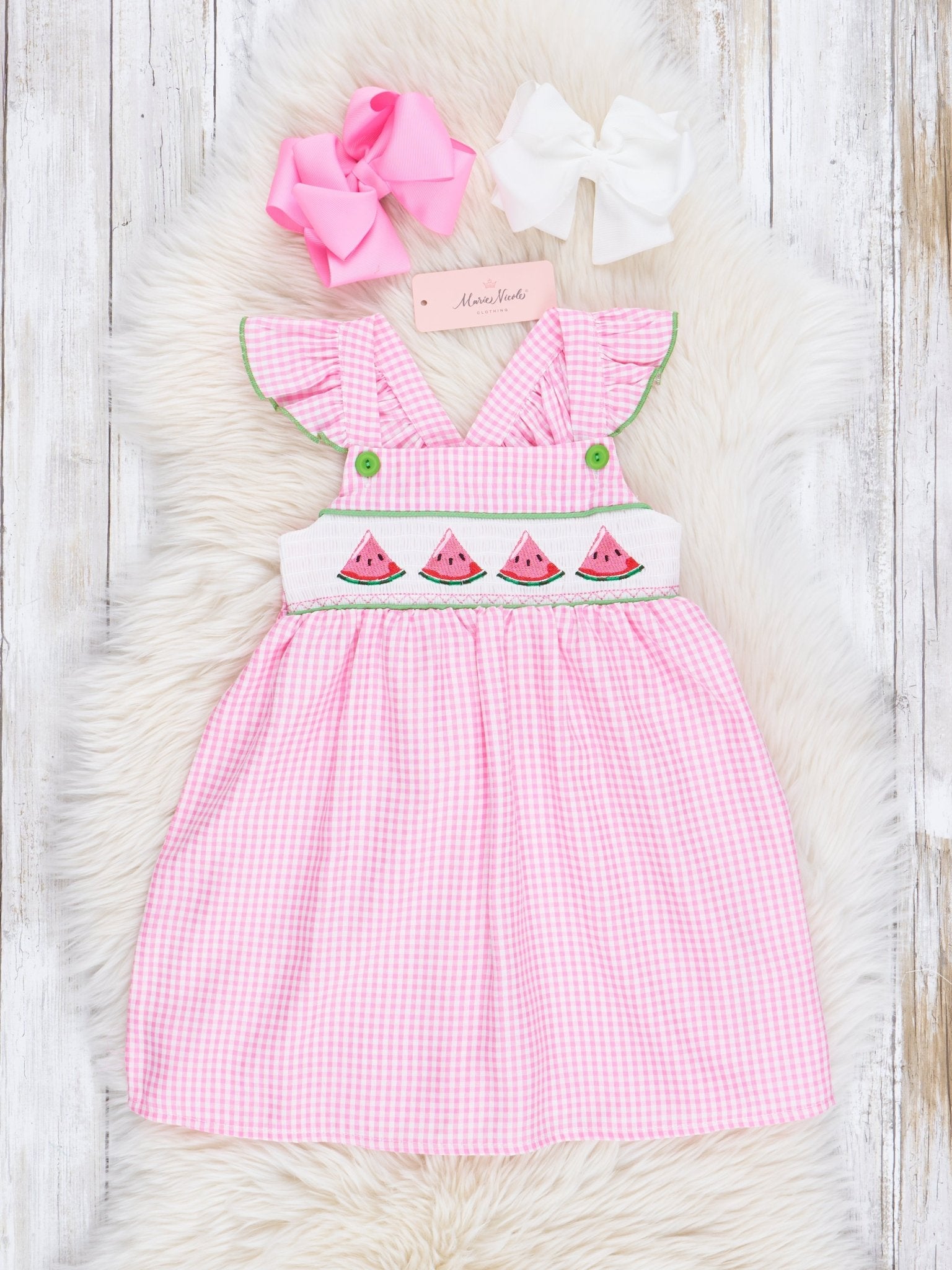 Pink Gingham Smocked Watermelon Ruffle Dress - Marie Nicole Clothing