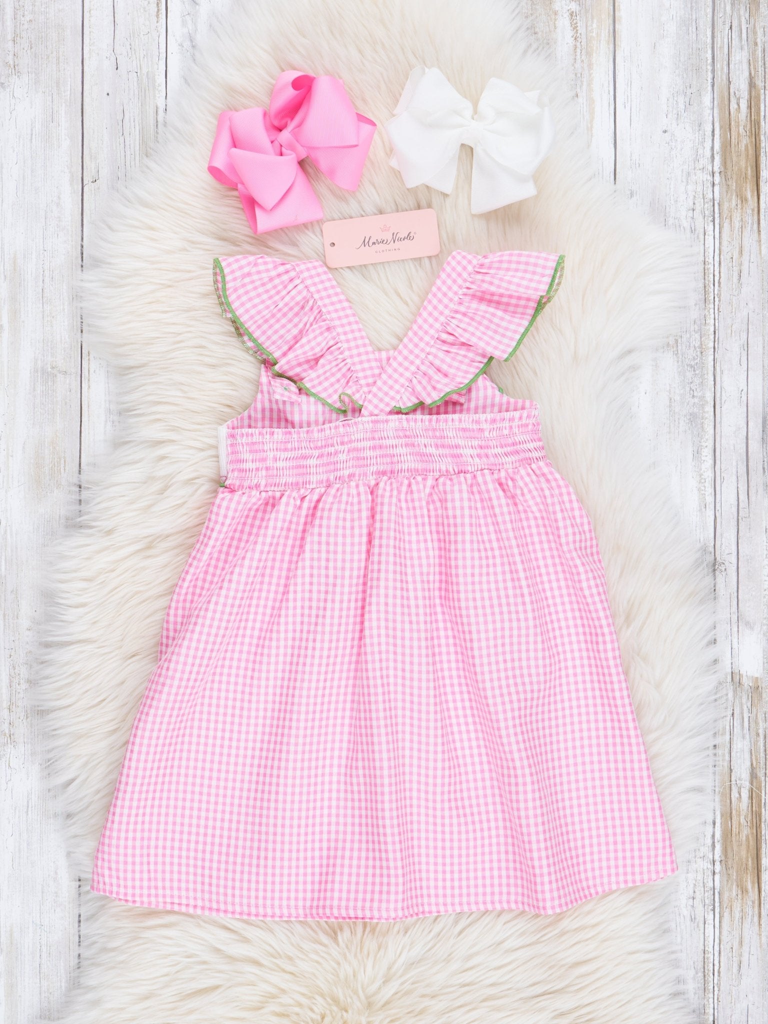 Pink Gingham Smocked Watermelon Ruffle Dress - Marie Nicole Clothing