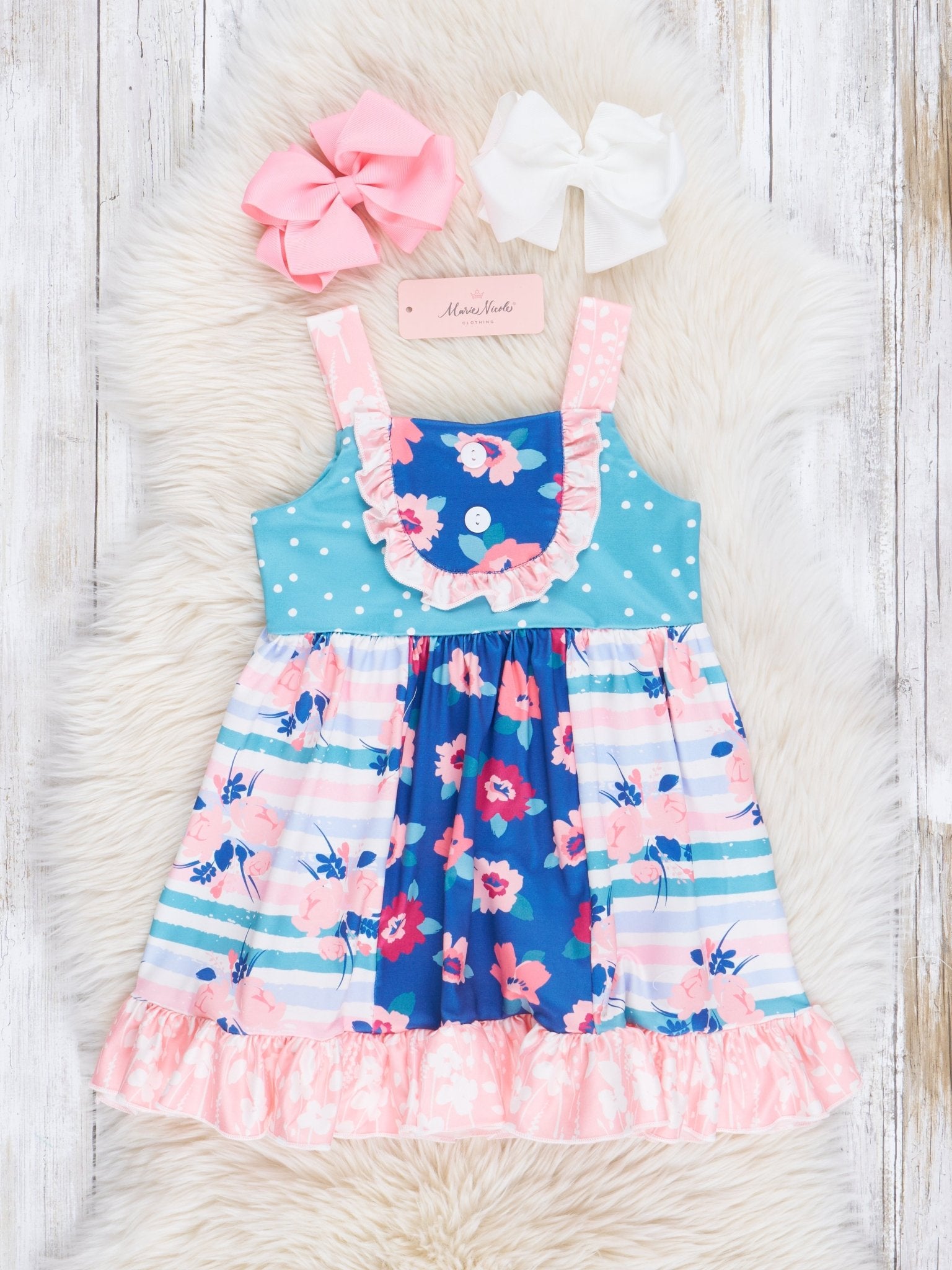 Sweet Blue Dots & Florals Ruffle Dress - Marie Nicole Clothing