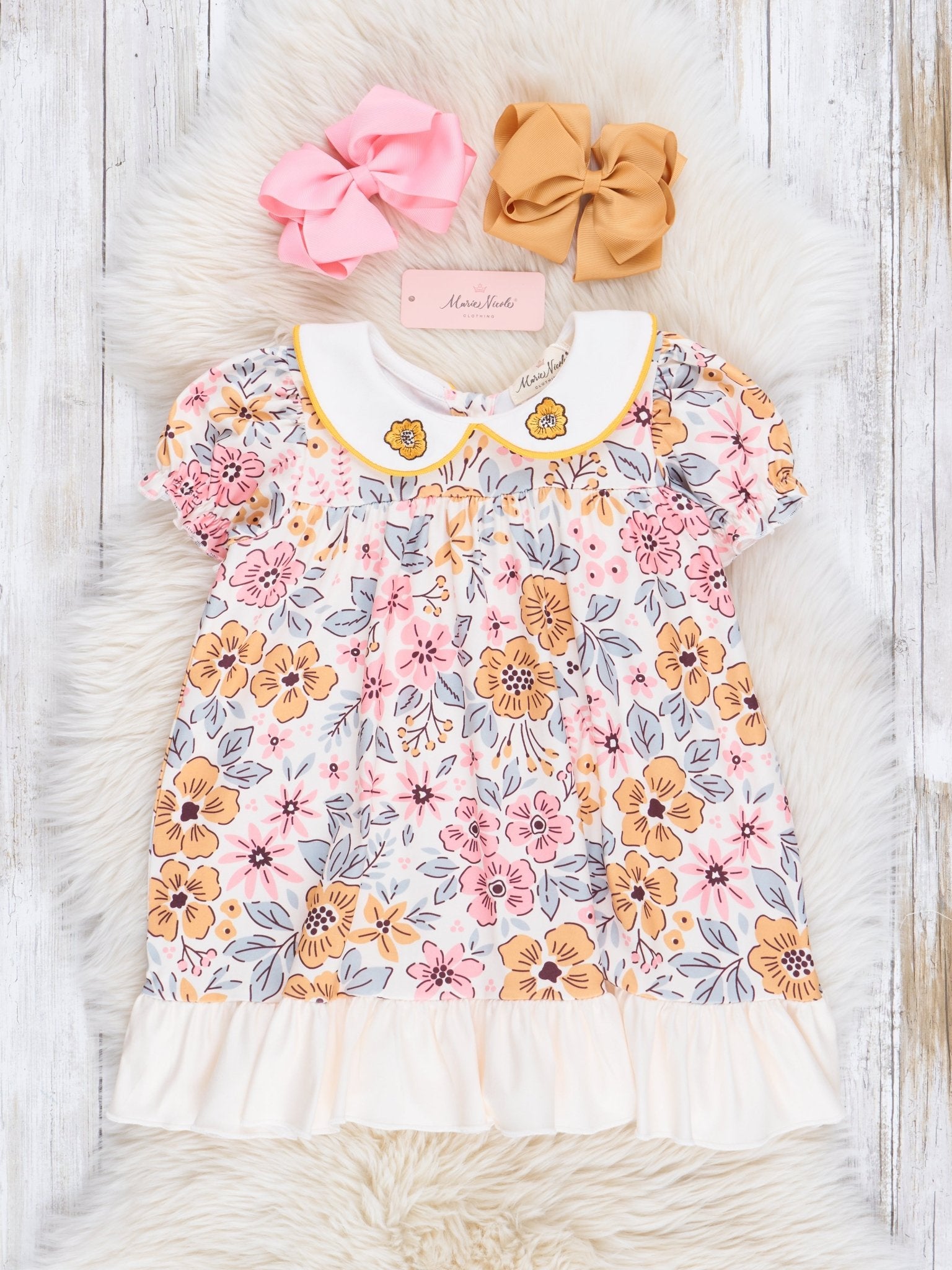 Golden Retro Florals Ruffle Dress - Marie Nicole Clothing