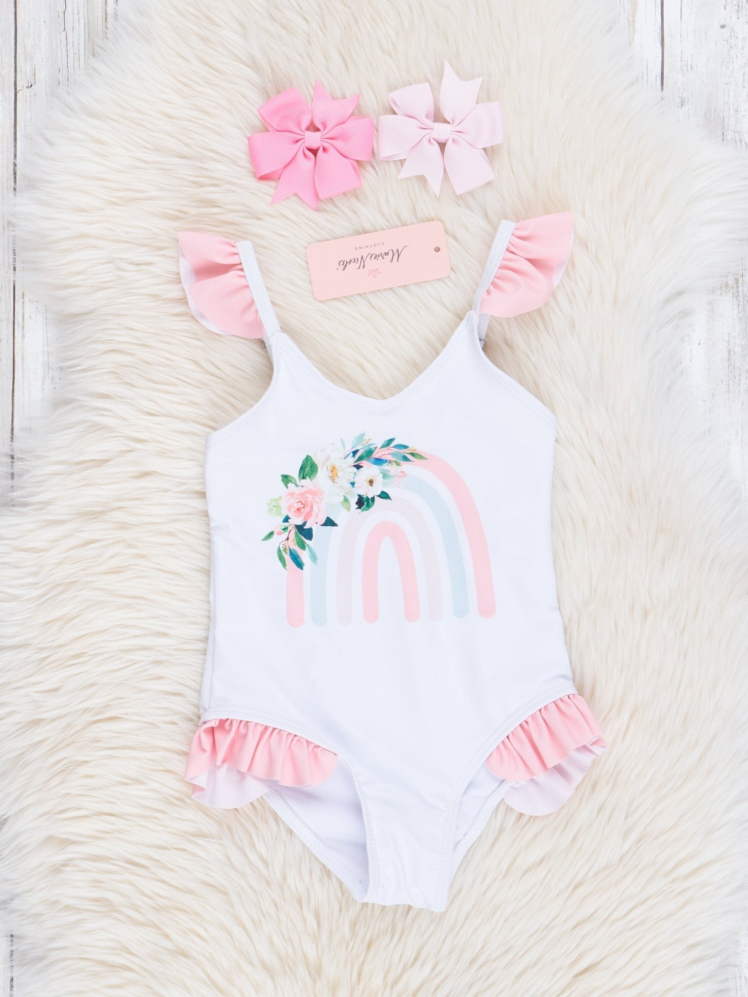 Peach Floral Rainbow Ruffle Swimsuit - Marie Nicole Clothing