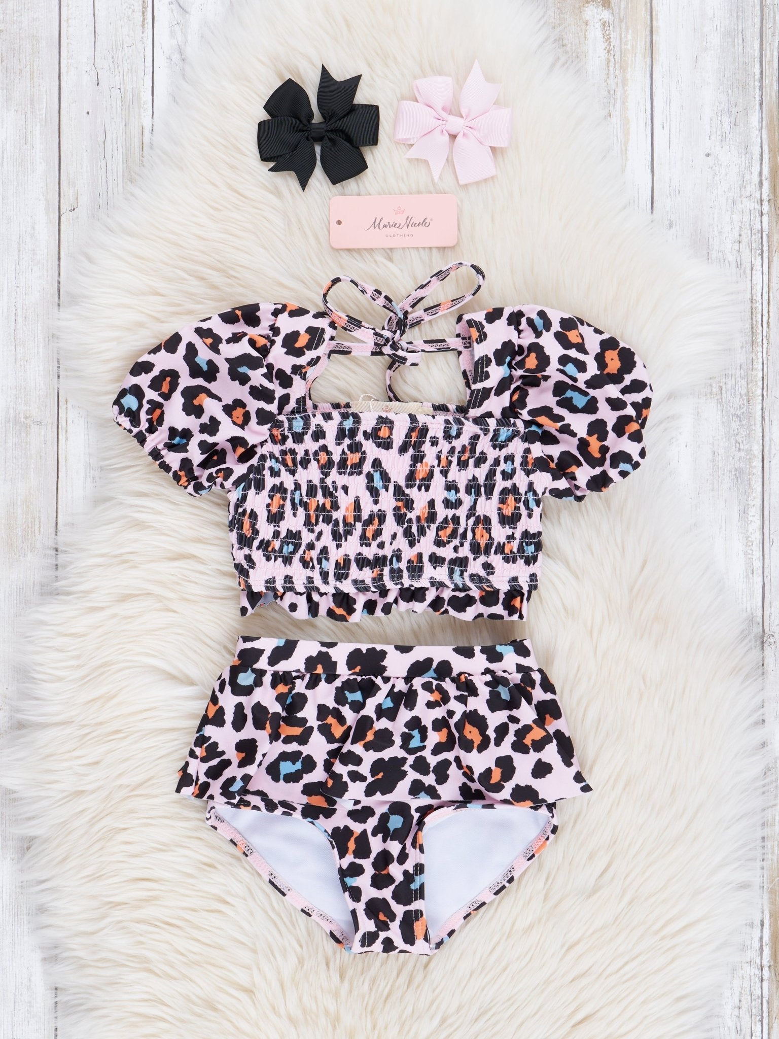 Peach Leopard Puff Sleeve Ruffle Swimsuit - Marie Nicole Clothing