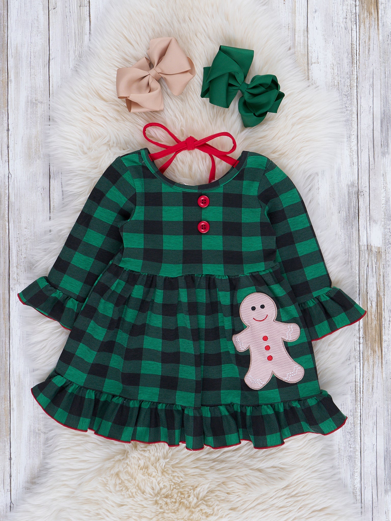 Green Buffalo Plaid Embroidered Gingerbread Ruffle Dress Green Buffalo Plaid Embroidered Gingerbread Ruffle Dress