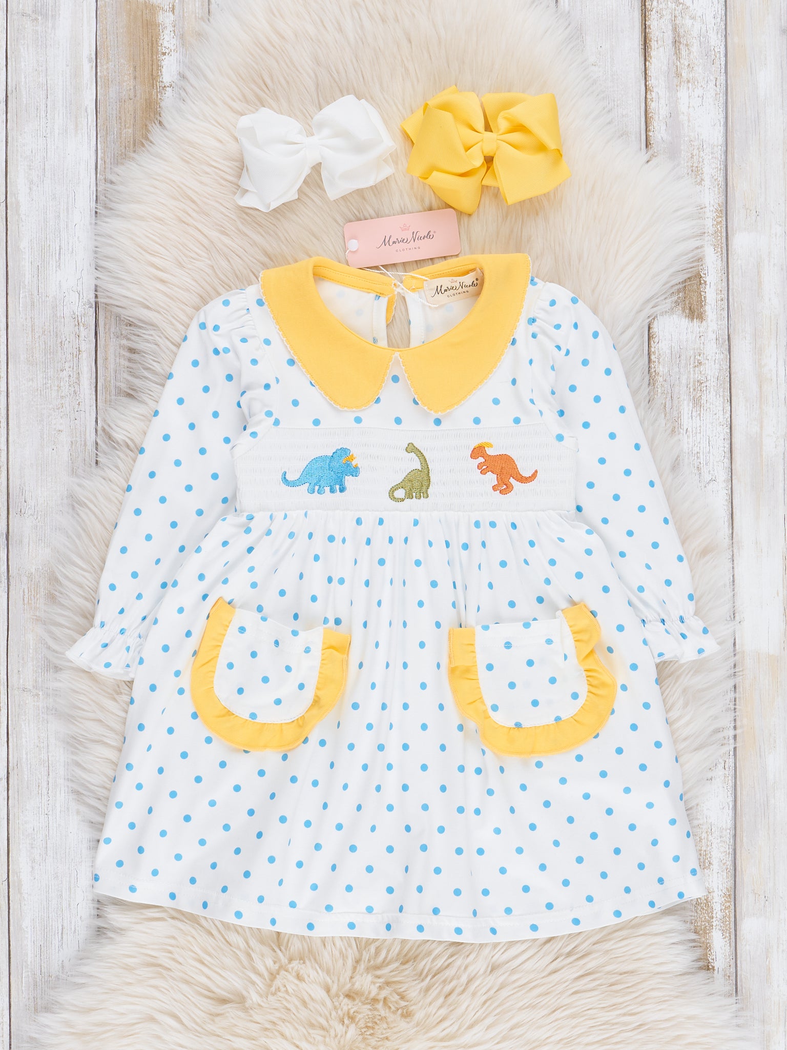 Blue Polka Dots Smocked Dinosaurs Dress - Marie Nicole Clothing Blue Polka Dots Smocked Dinosaurs Dress - Marie Nicole Clothing