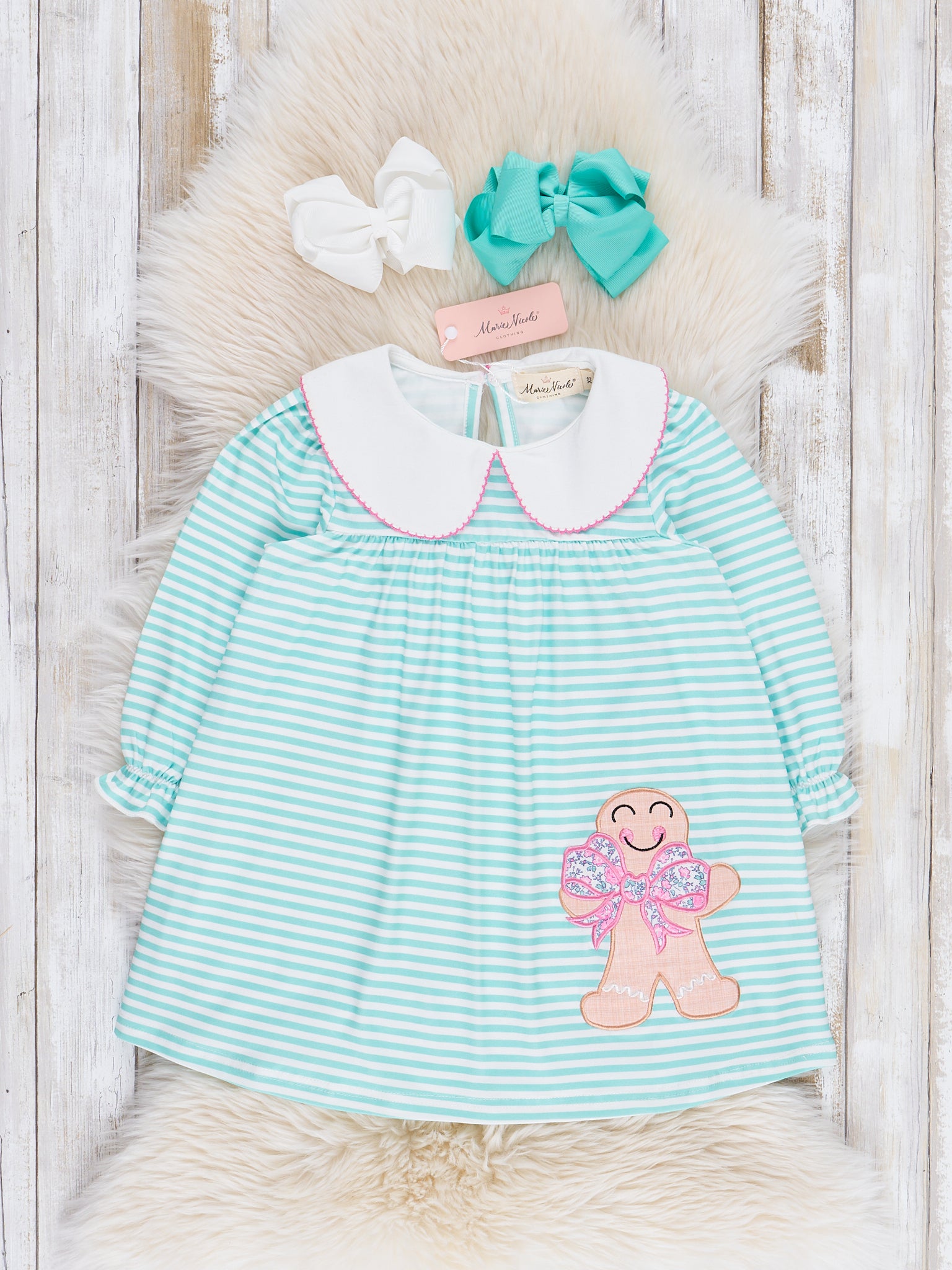 Mint Embroidered Gingerbread Striped Dress Mint Embroidered Gingerbread Striped Dress