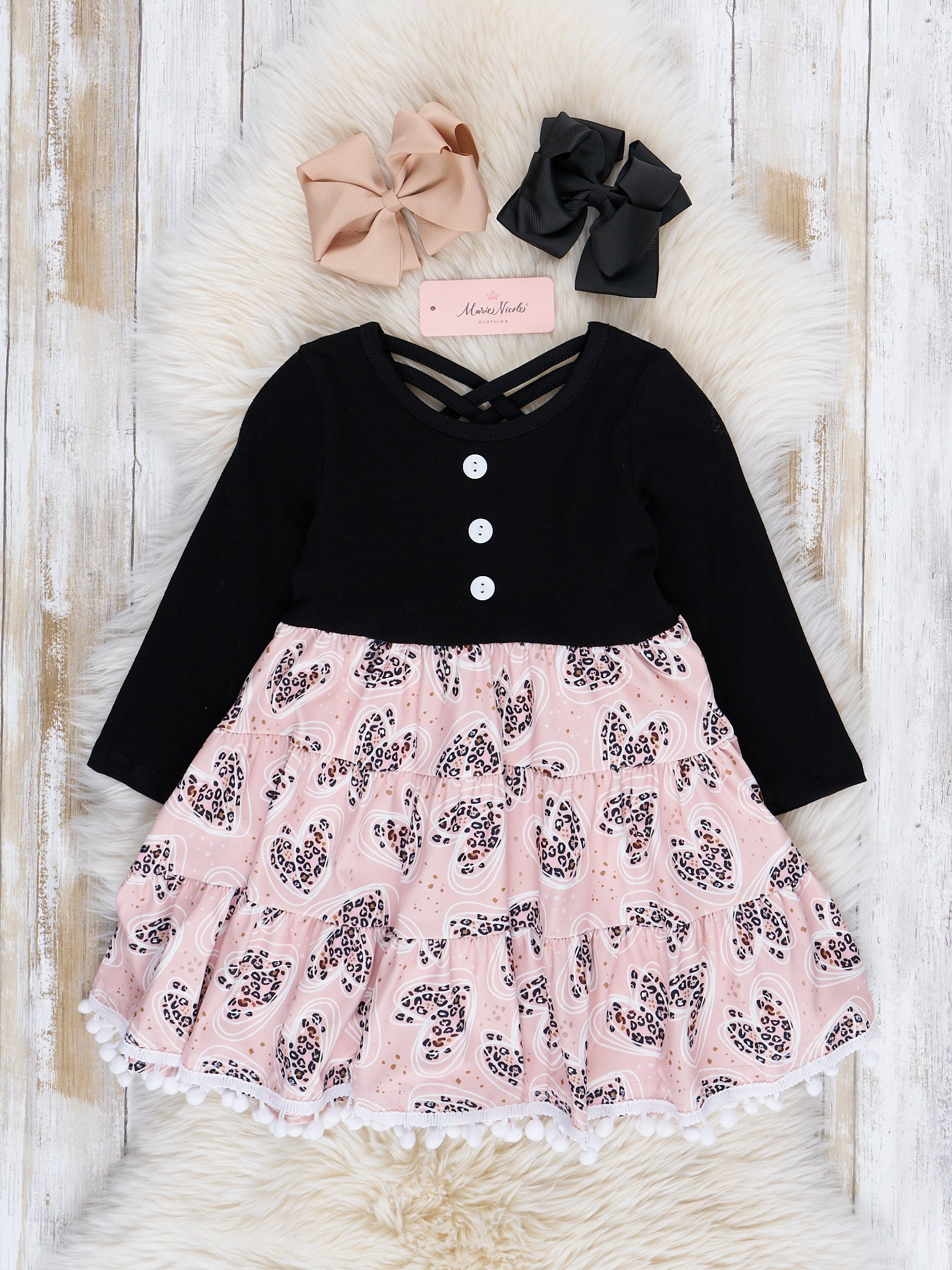 Leopard Hearts Tiered Pom Pom Dress - Marie Nicole Clothing Leopard Hearts Tiered Pom Pom Dress - Marie Nicole Clothing