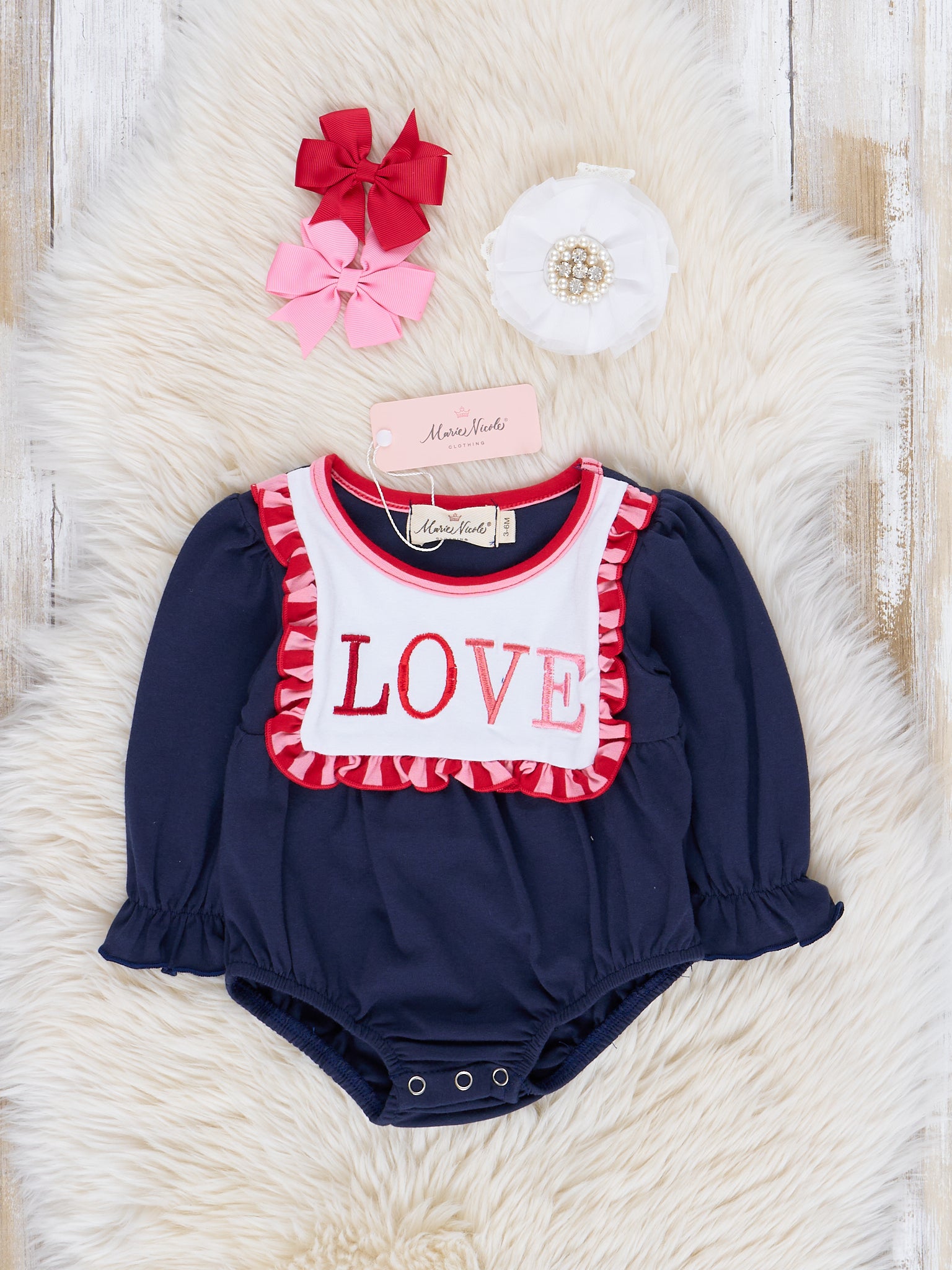 Navy & Red Love Ruffle Bubble Romper - Marie Nicole Clothing Navy & Red Love Ruffle Bubble Romper - Marie Nicole Clothing