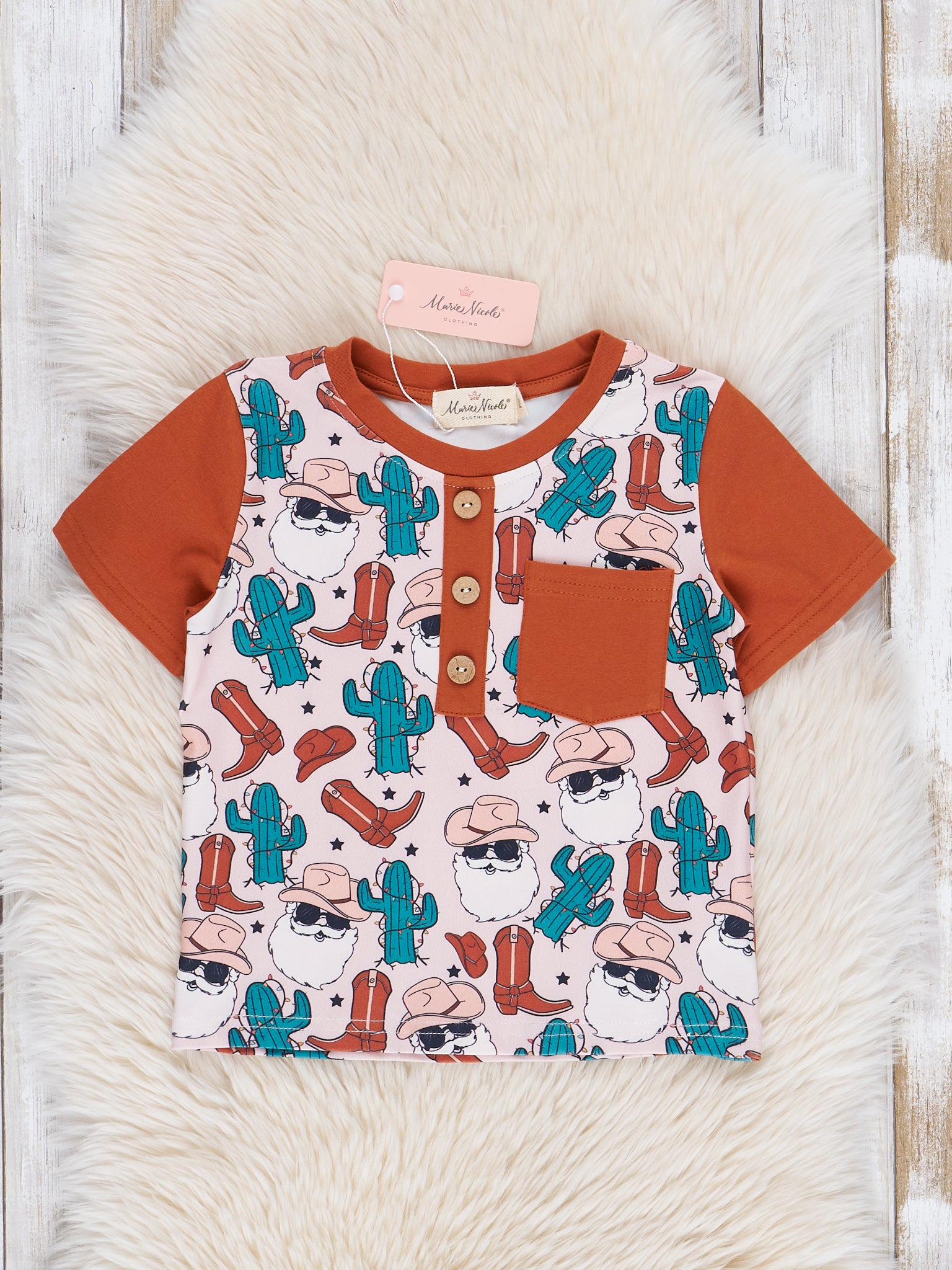 Bronze & Green Cowboy Santa Shirt - Marie Nicole Clothing