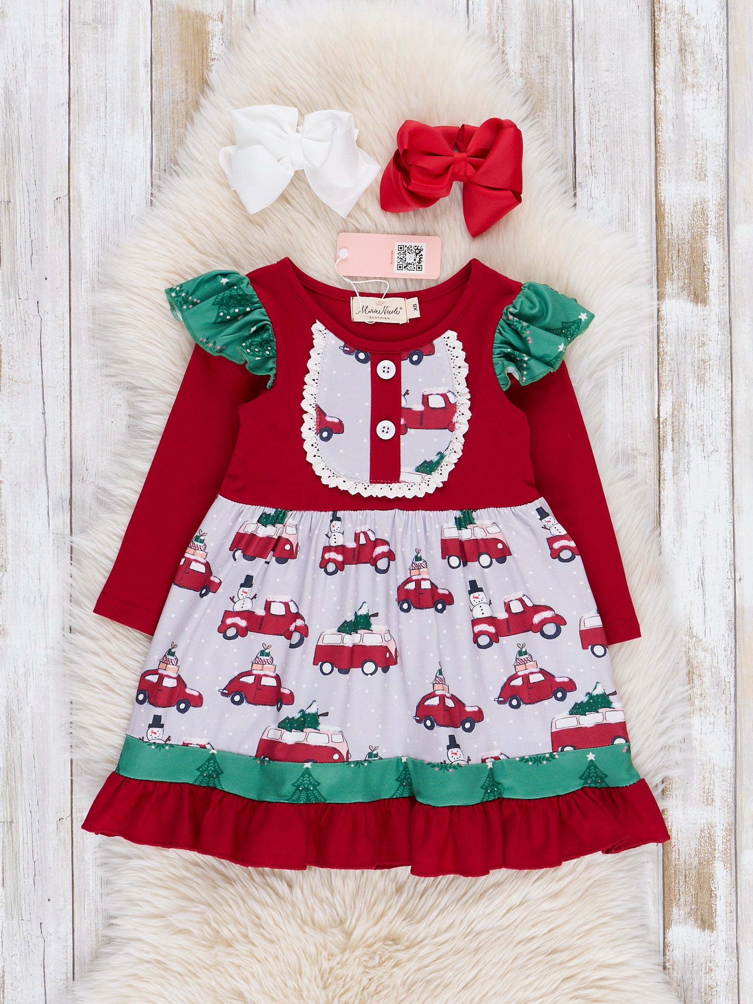 Red & Grey Tree Cars Ruffle Dress - Marie Nicole Clothing Red & Grey Tree Cars Ruffle Dress - Marie Nicole Clothing