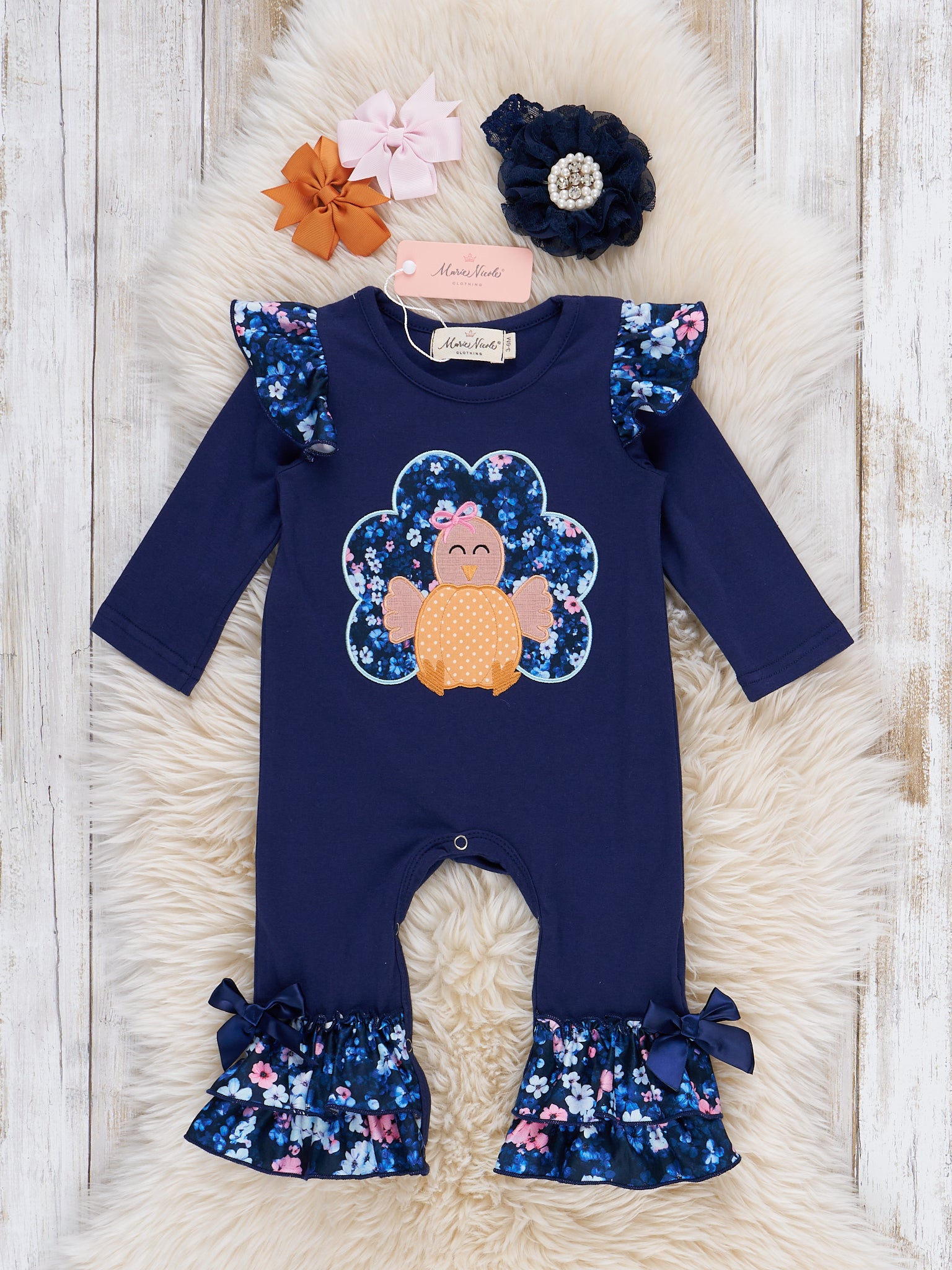 Turkey Day Floral Embroidered Ruffle Romper - Marie Nicole Clothing