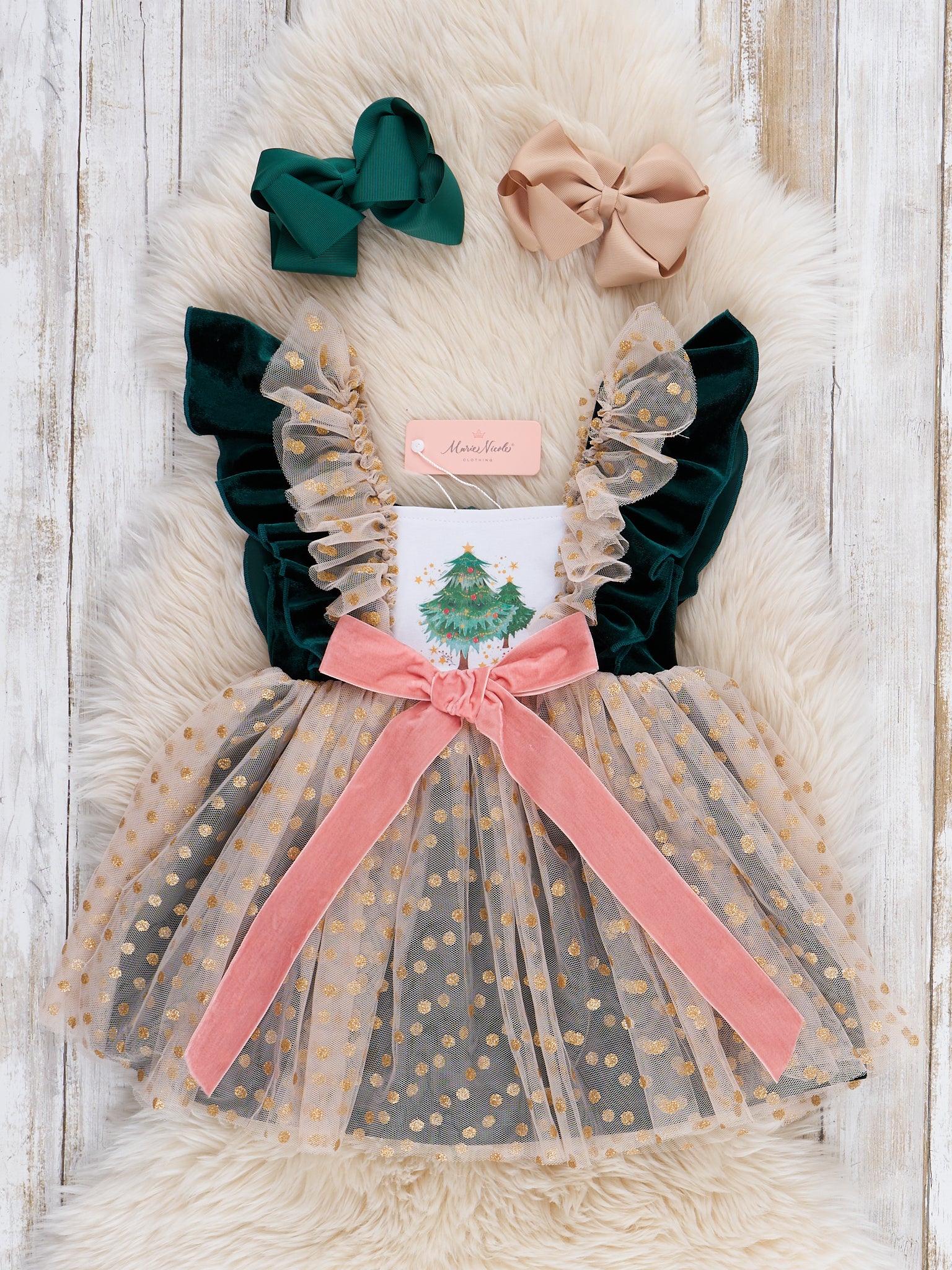 Swiss Dot Overlay Christmas Tree Dress