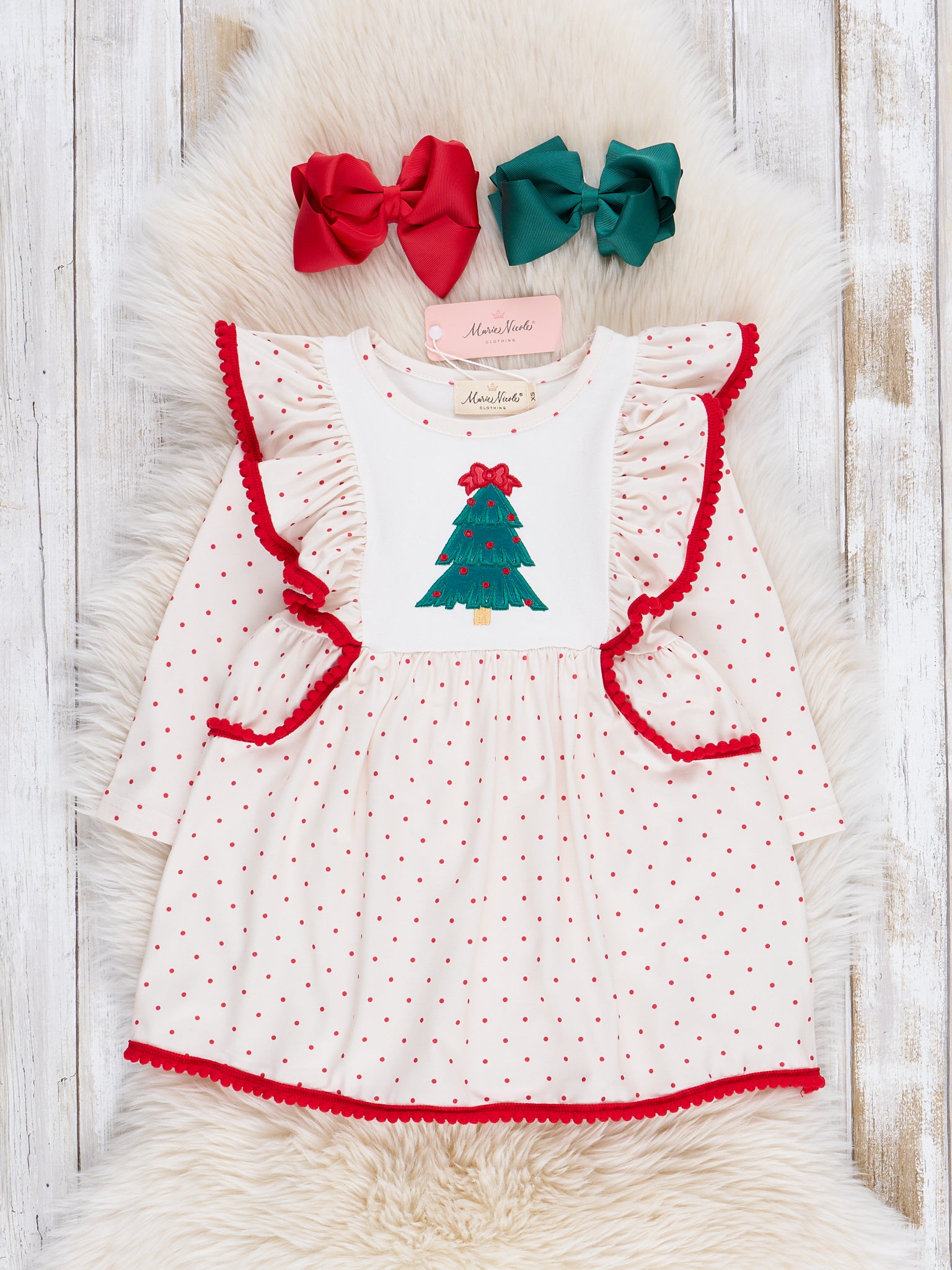 Polka Dots Embroidered Trees Ruffle Dress