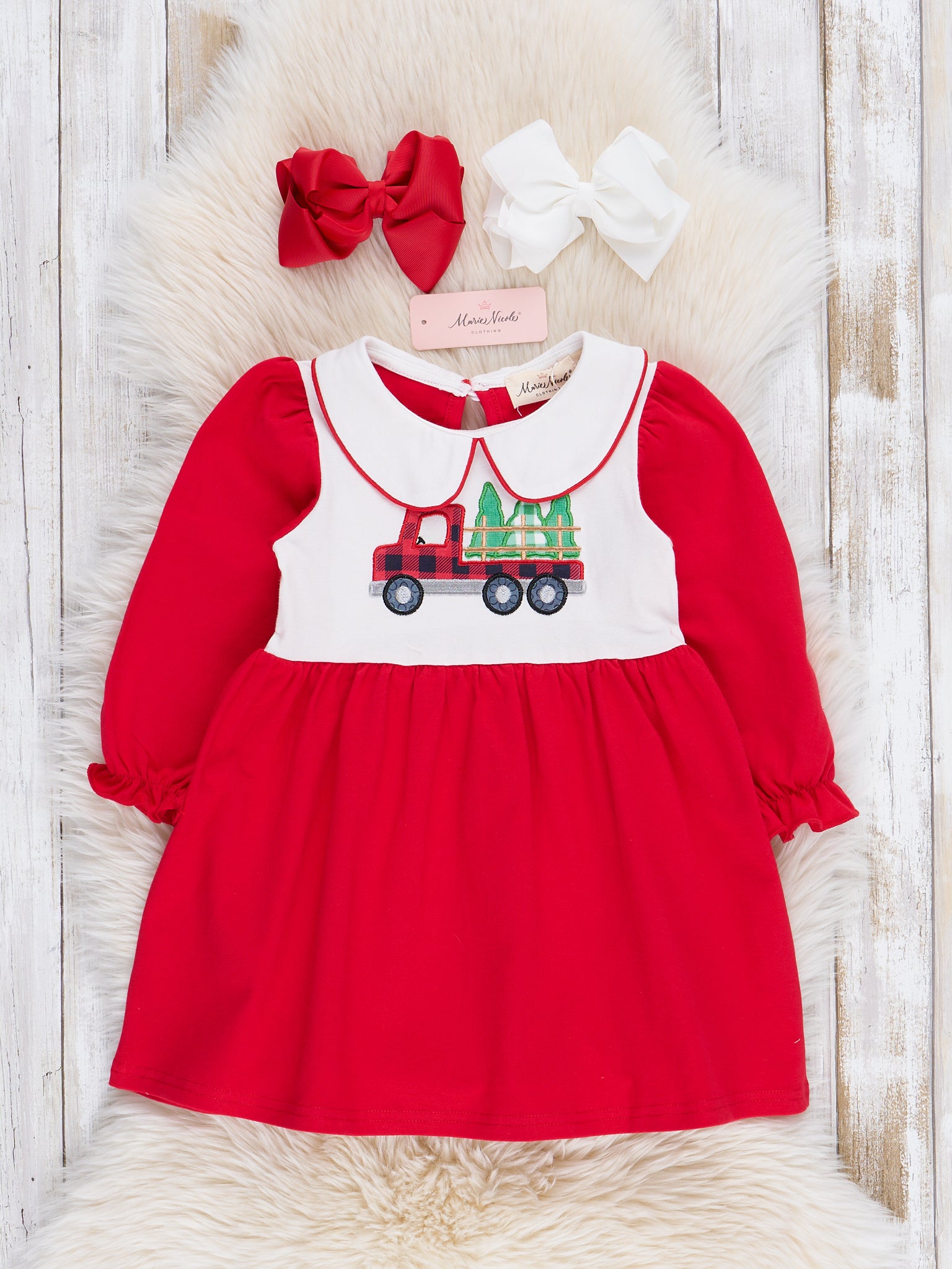 Red Embroidered Christmas Tree Truck Ruffle Dress Marie Nicole Clothing Red Embroidered Christmas Tree Truck Ruffle Dress Marie Nicole Clothing