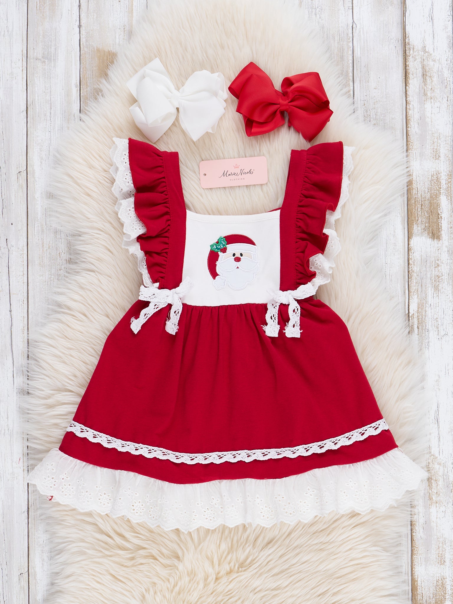 Christmas Red Embroidered Santa Lace Ruffle Dress Christmas Red Embroidered Santa Lace Ruffle Dress