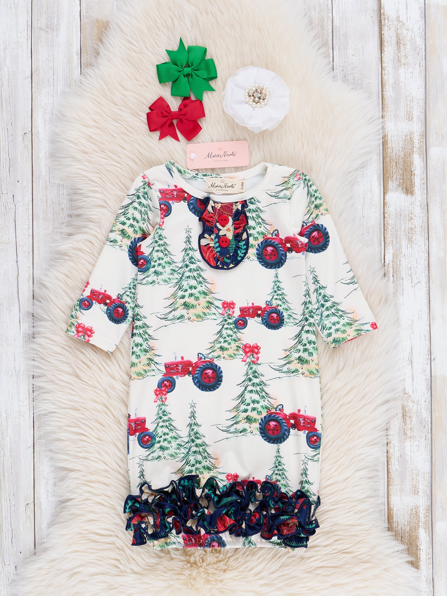 Christmas Tree Farm Tractor Infant Gown Marie Nicole Clothing Christmas Tree Farm Tractor Infant Gown Marie Nicole Clothing