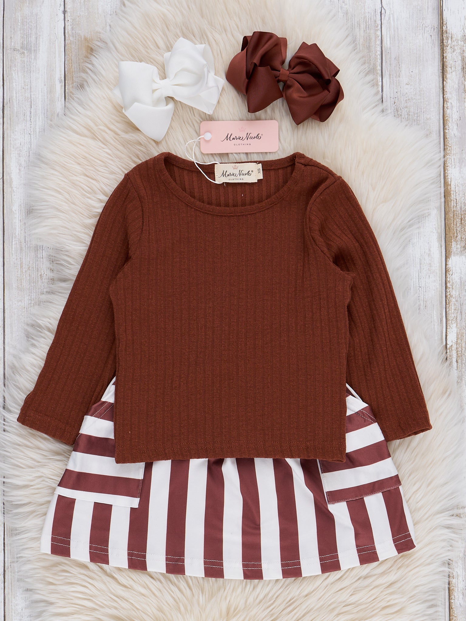Infant Girl Classics Outfit Chocolate Stripes Skirt Set Marie Nicole XXS(12/18mos) Infant Girl Classics Outfit Chocolate Stripes Skirt Set Marie Nicole XXS(12/18mos)