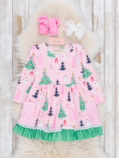 Pink & Green Holiday Forest Ruffle Dress - Marie Nicole Clothing Pink & Green Holiday Forest Ruffle Dress - Marie Nicole Clothing