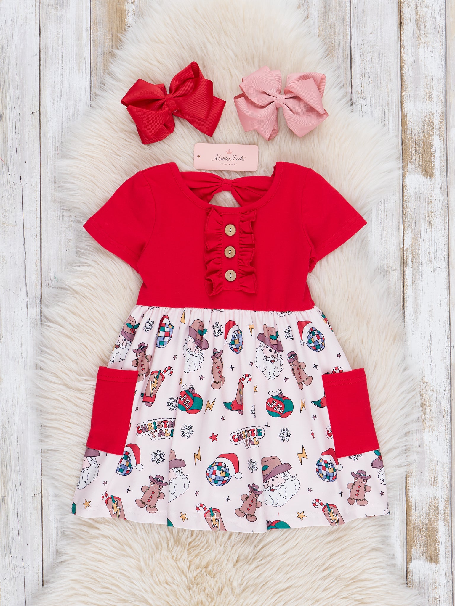 Infant Girl Christmas Characters Dress Christmas Y'all Ruffle Dress Marie Nicole XXS(12/18mos)