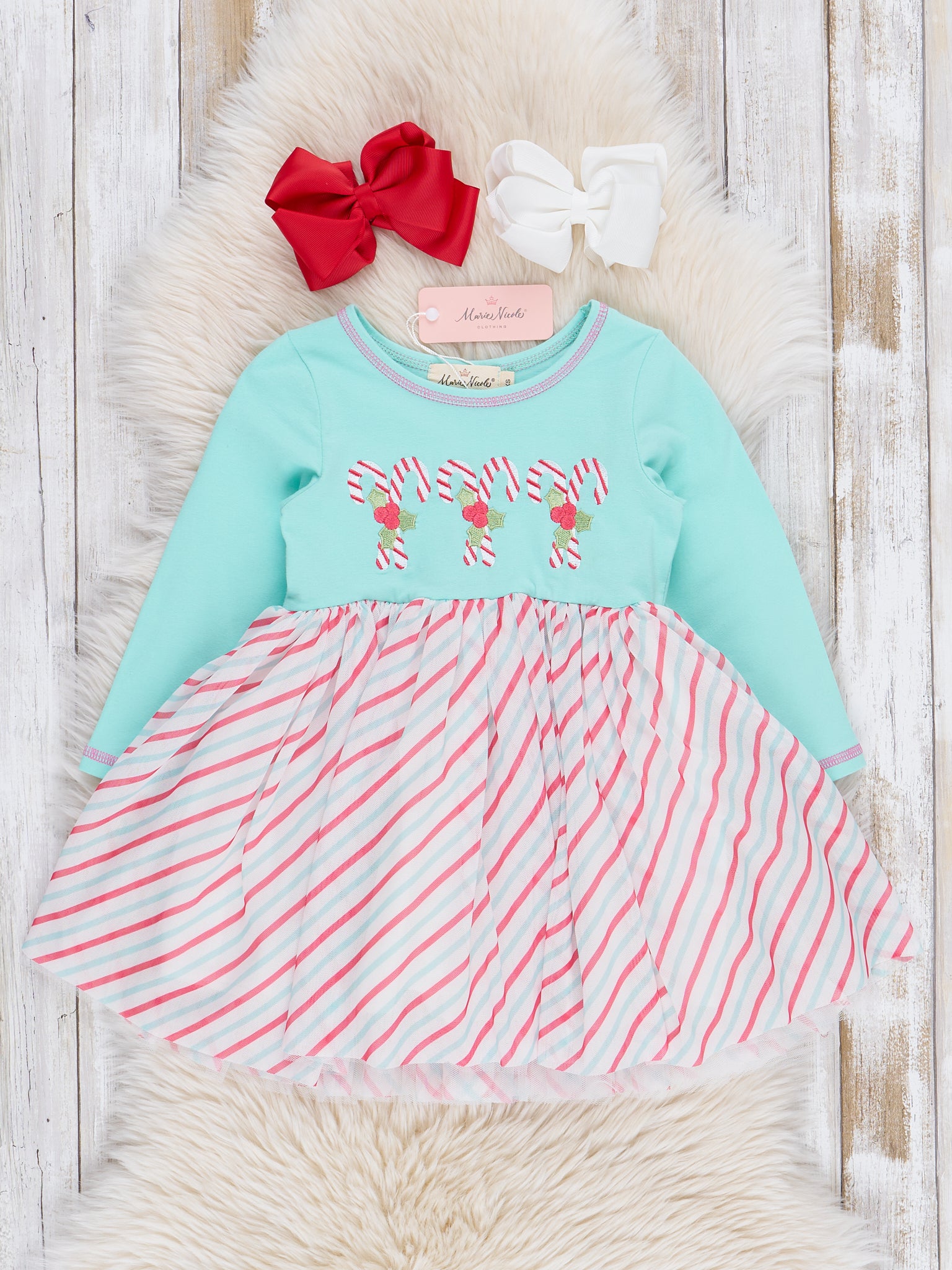 Teal Candy Cane Cutie Tulle Dress - Marie Nicole Clothing Teal Candy Cane Cutie Tulle Dress - Marie Nicole Clothing