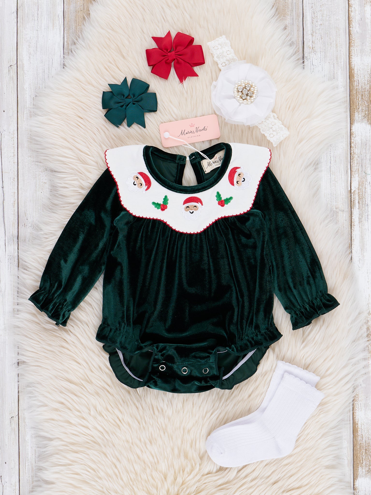 Emerald Velvet Holly Jolly Bubble Romper - Marie Nicole Clothing Emerald Velvet Holly Jolly Bubble Romper - Marie Nicole Clothing