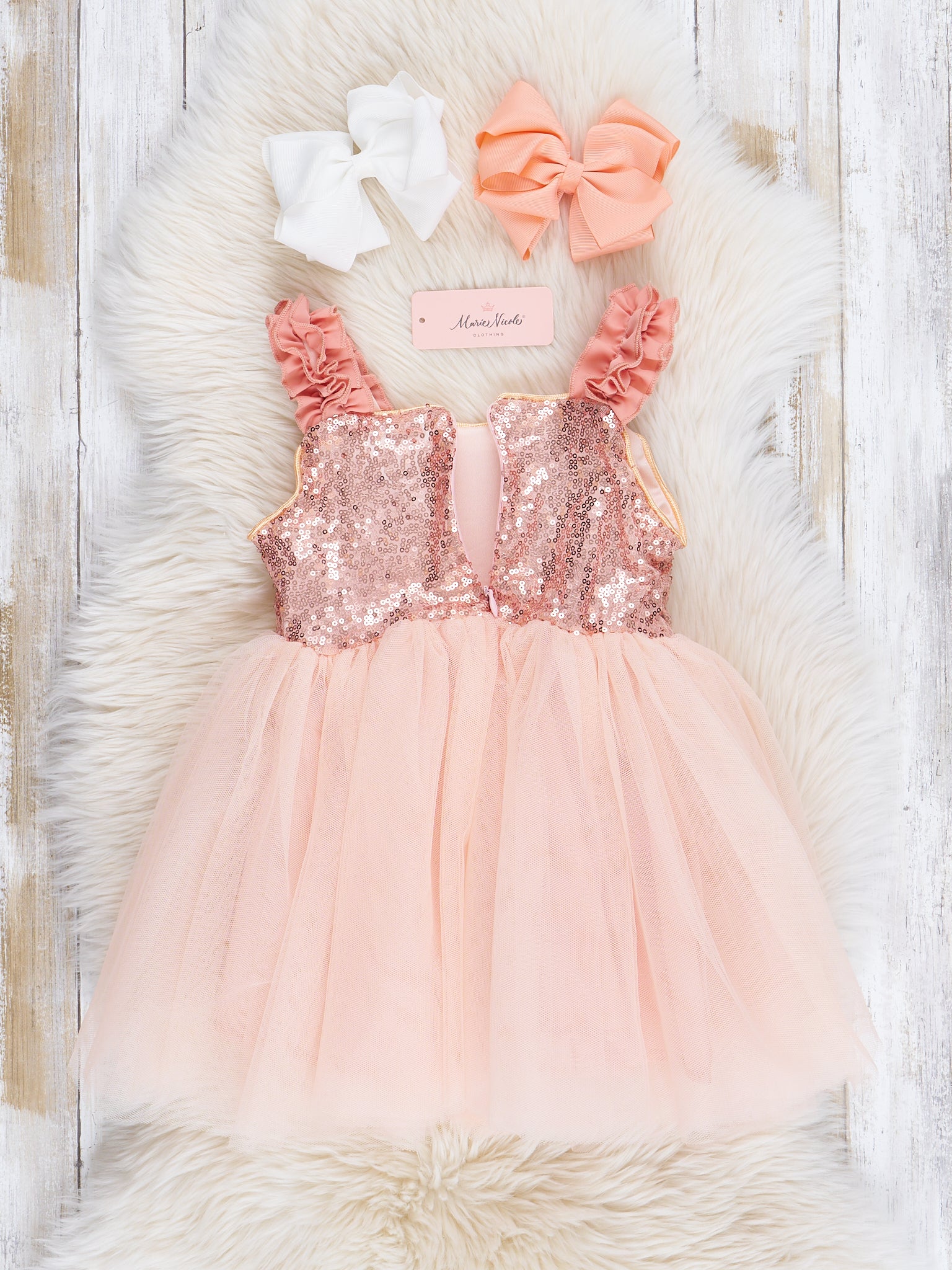 Rose Gold Ruffle Sparkle Party Dress Marie Nicole Clothing Rose Gold Ruffle Sparkle Party Dress Marie Nicole Clothing