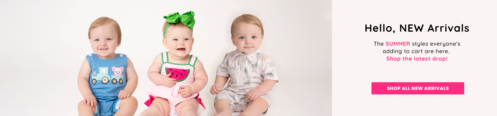 three babies wear new arrival rompers featuring new summer styles