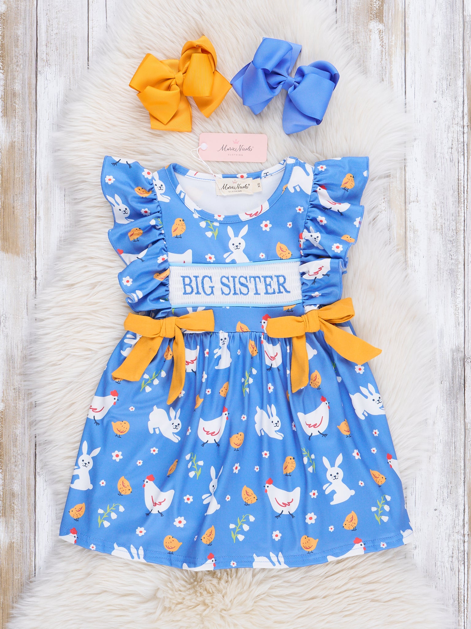 Bunnies & Chickens Smocked Big Sister Dress - Marie Nicole Clothing XXS(12/18mos) Bunnies & Chickens Smocked Big Sister Dress - Marie Nicole Clothing XXS(12/18mos)