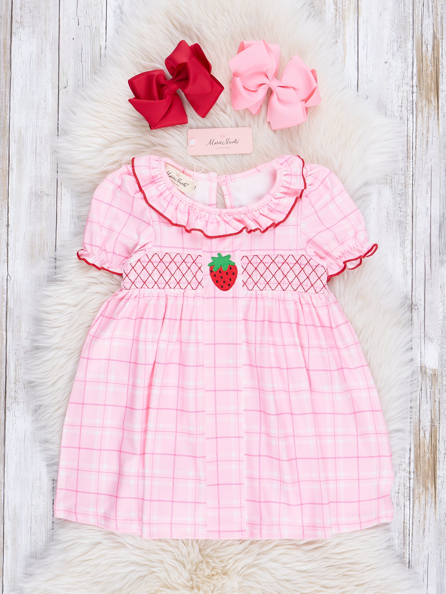 Pink Plaid Smocked Strawberry Dress