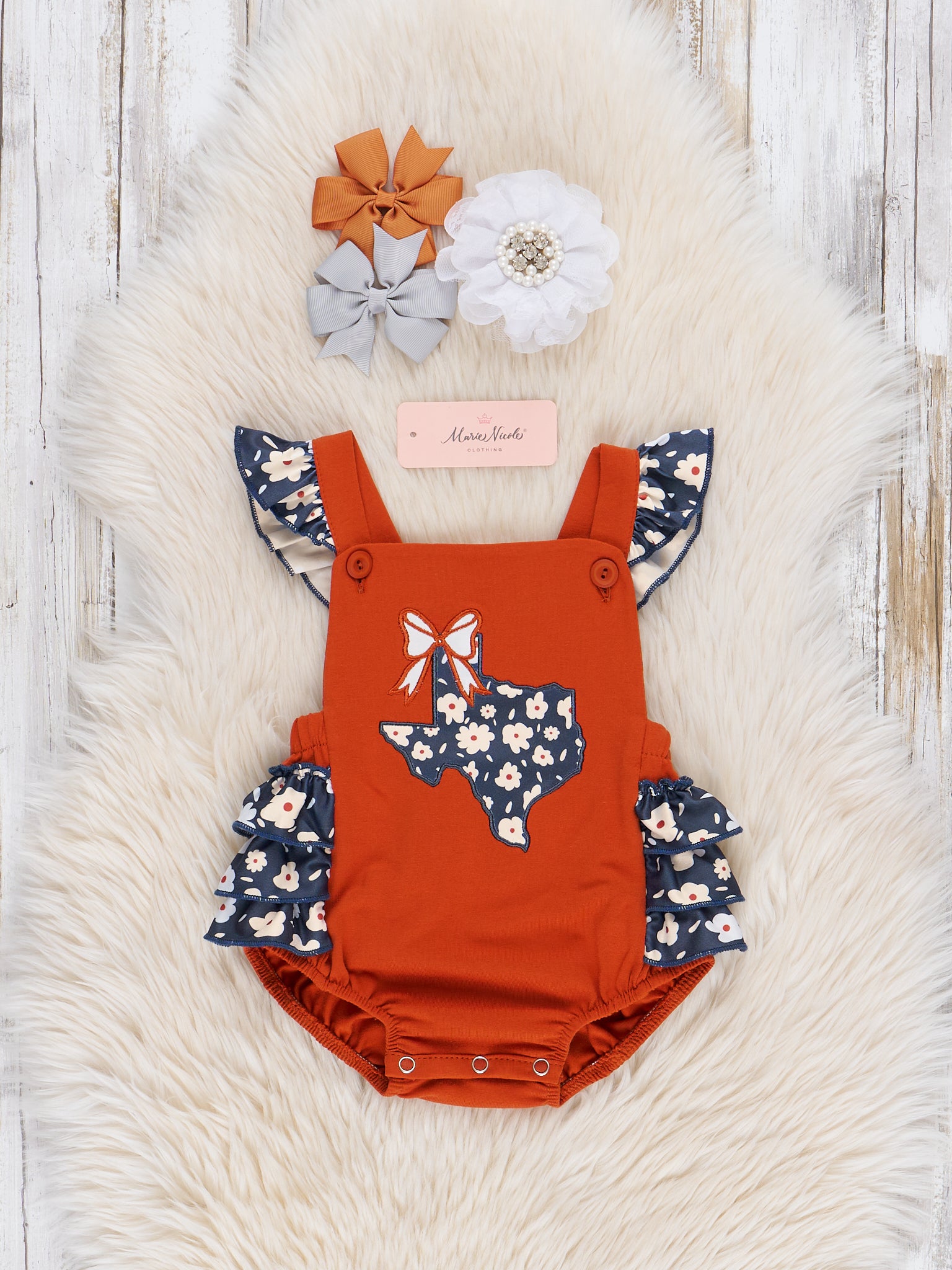 Texas Embroidered Floral Ruffle Bubble Romper - Marie Nicole Clothing