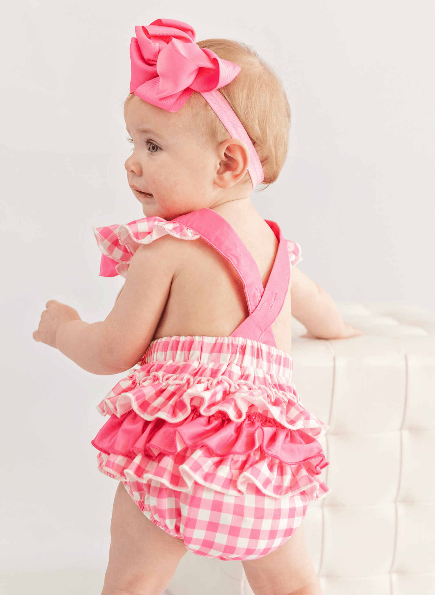 Little Slugger Check Embroidered Ruffle Bubble Romper - Marie Nicole Clothing