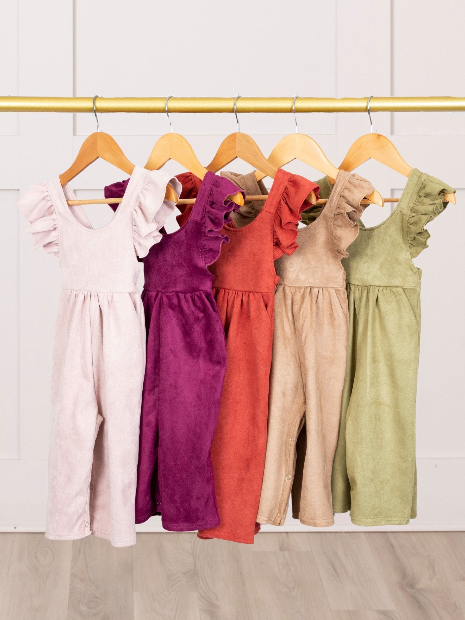 Suede Ruffle Cross Back Button Romper - Multiple Colors - Marie Nicole Clothing