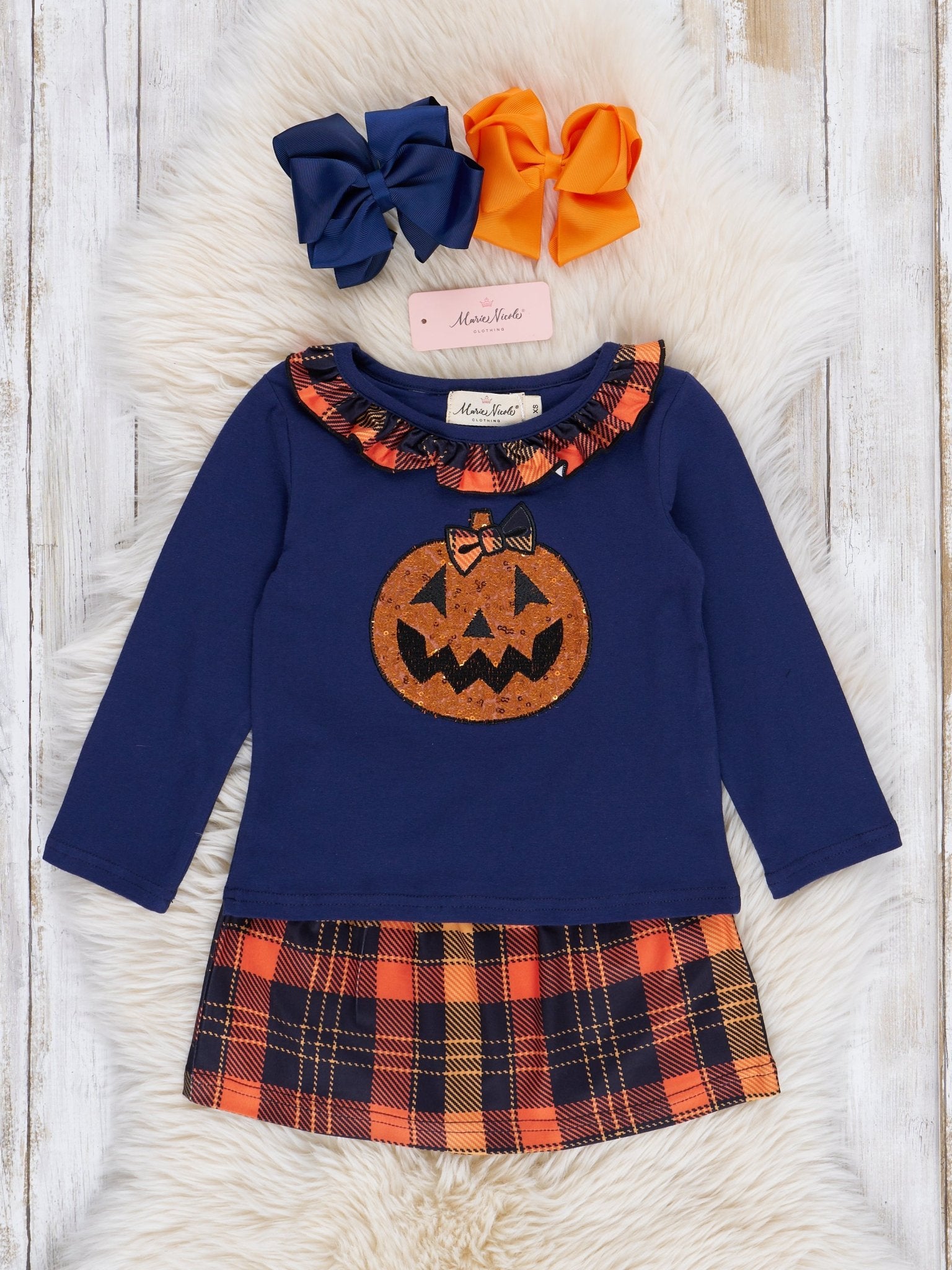 Embroidered Halloween Plaid Ruffle Outfit - Marie Nicole Clothing