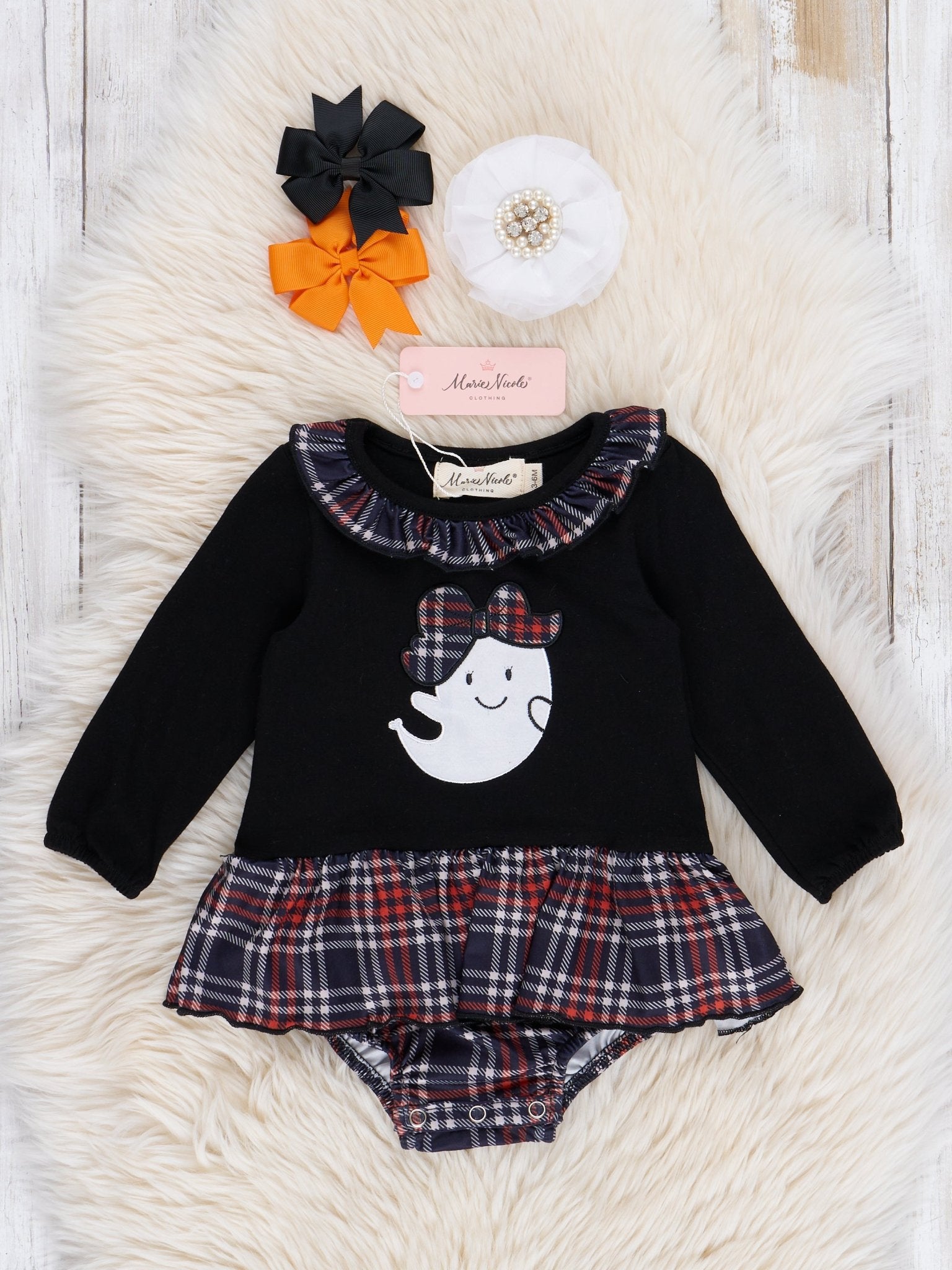 Embroidered Halloween Plaid Ruffle Bubble Romper - Marie Nicole Clothing