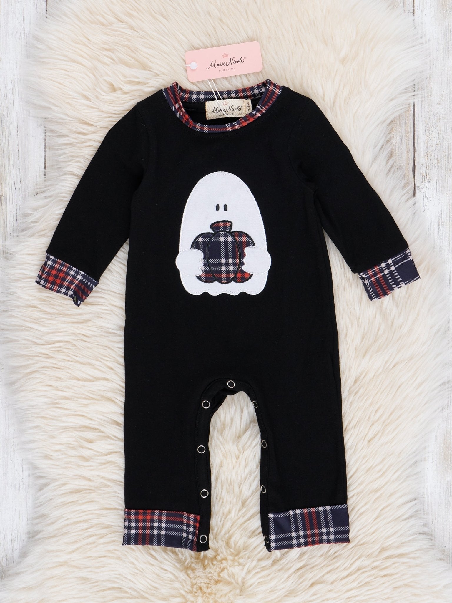 Embroidered Halloween Plaid Romper - Marie Nicole Clothing