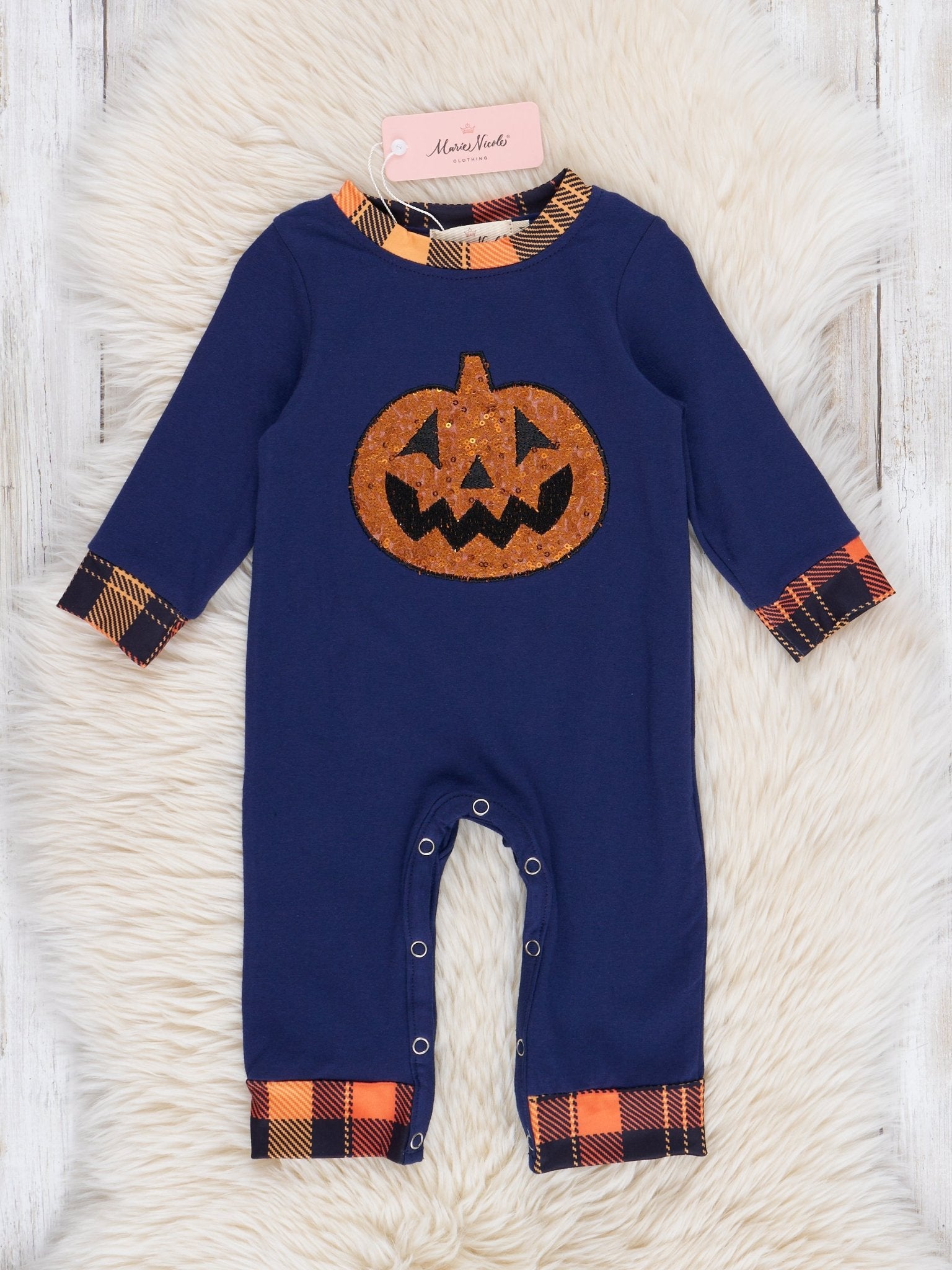 Embroidered Halloween Plaid Romper - Marie Nicole Clothing