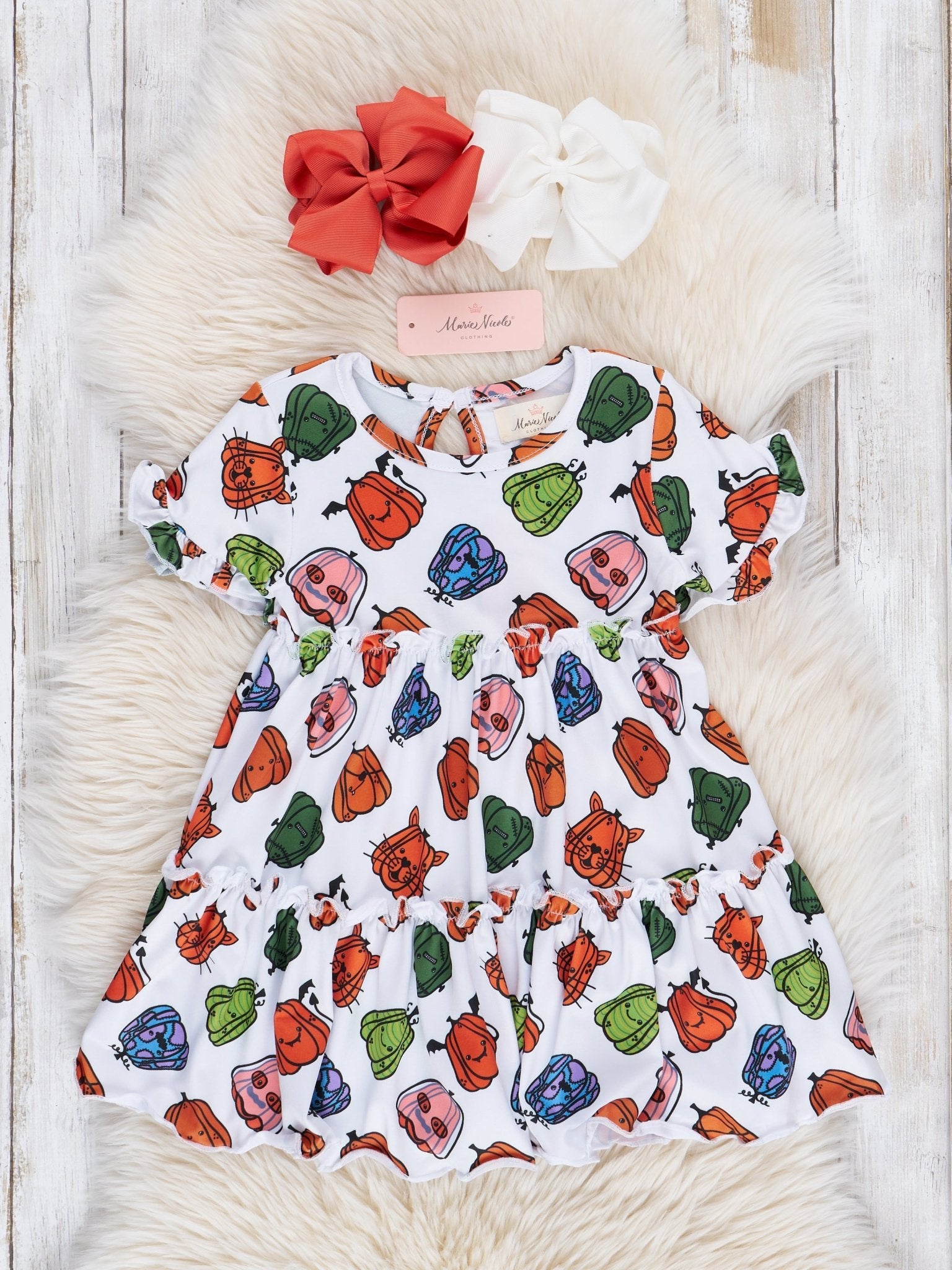 White Spooky Nights Neon Pumpkins Tiered Ruffle Dress - Marie Nicole Clothing