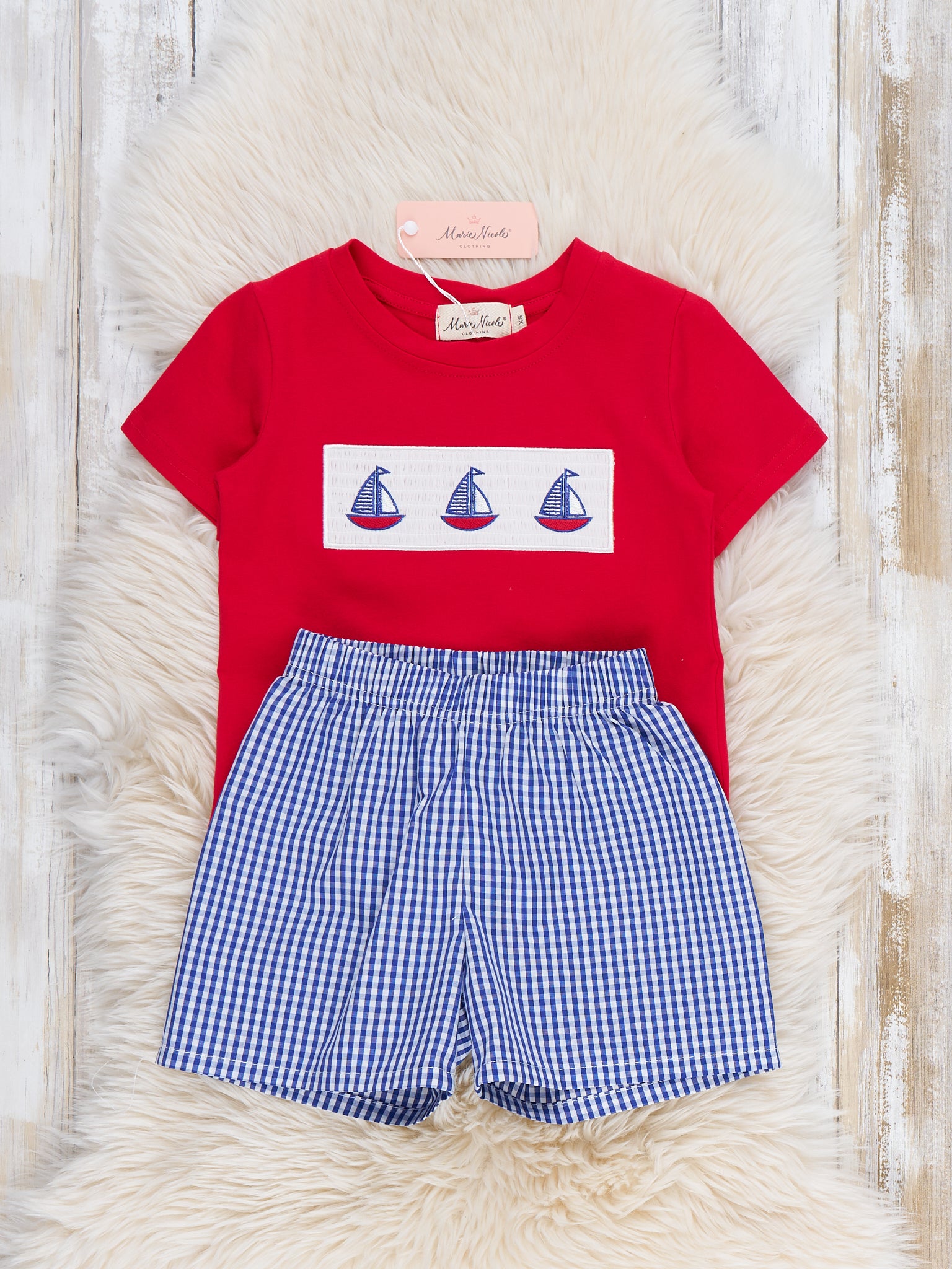Sailboat Gingham Smocked Outfit - Marie Nicole Clothing