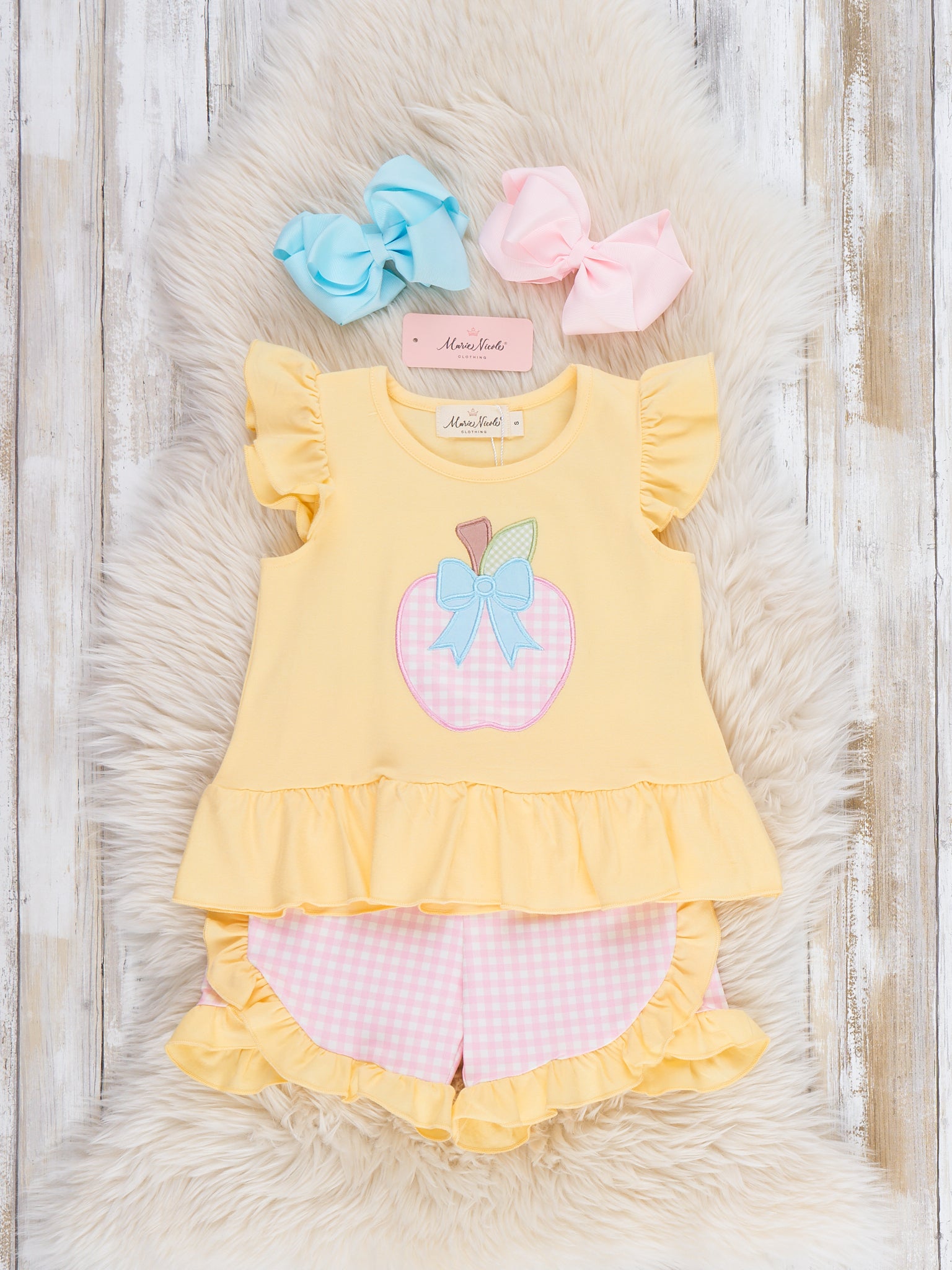 Apple Bow Gingham Embroidered Ruffle Outfit - Marie Nicole Clothing
