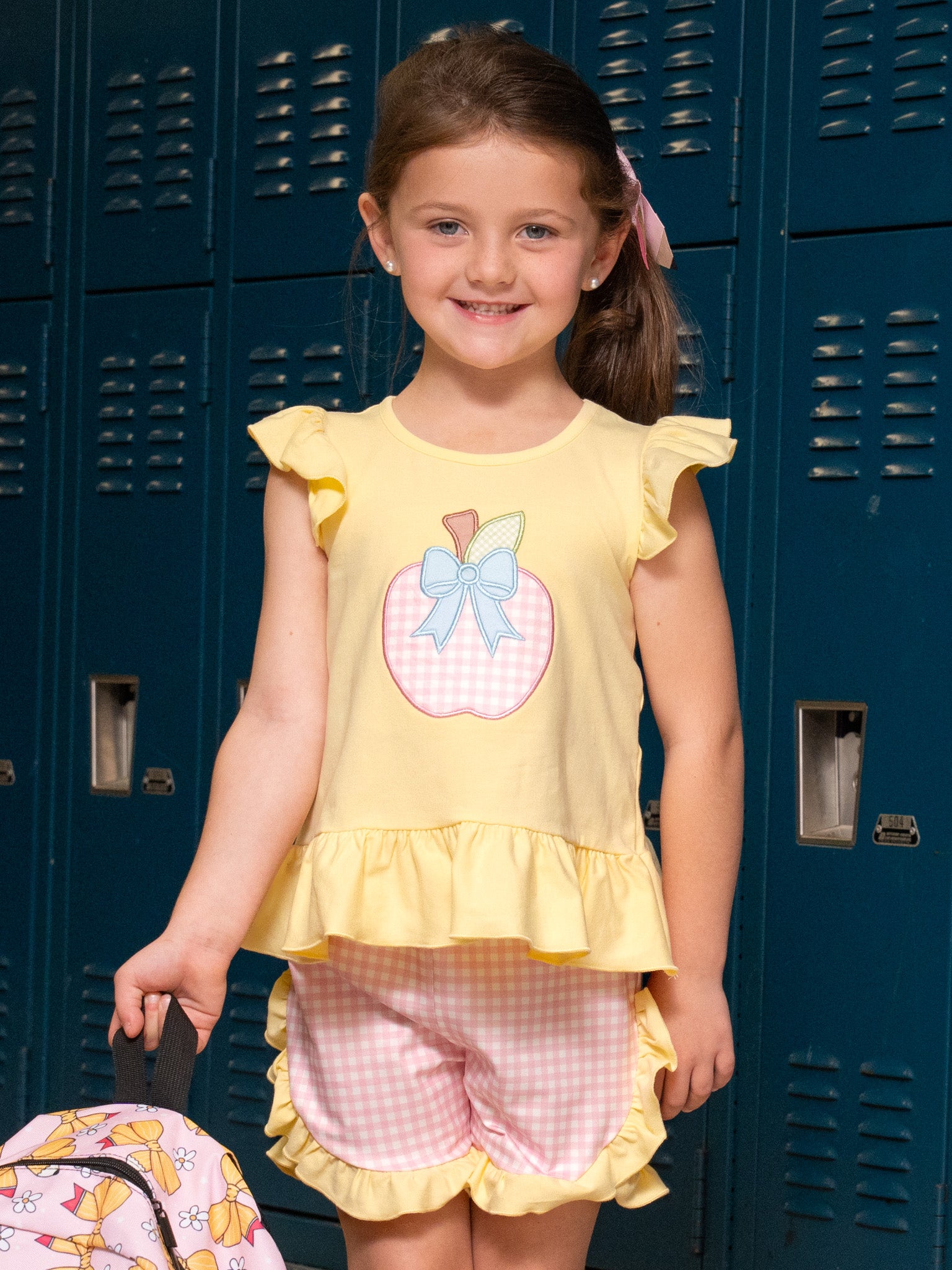 Apple Bow Gingham Embroidered Ruffle Outfit - Marie Nicole Clothing