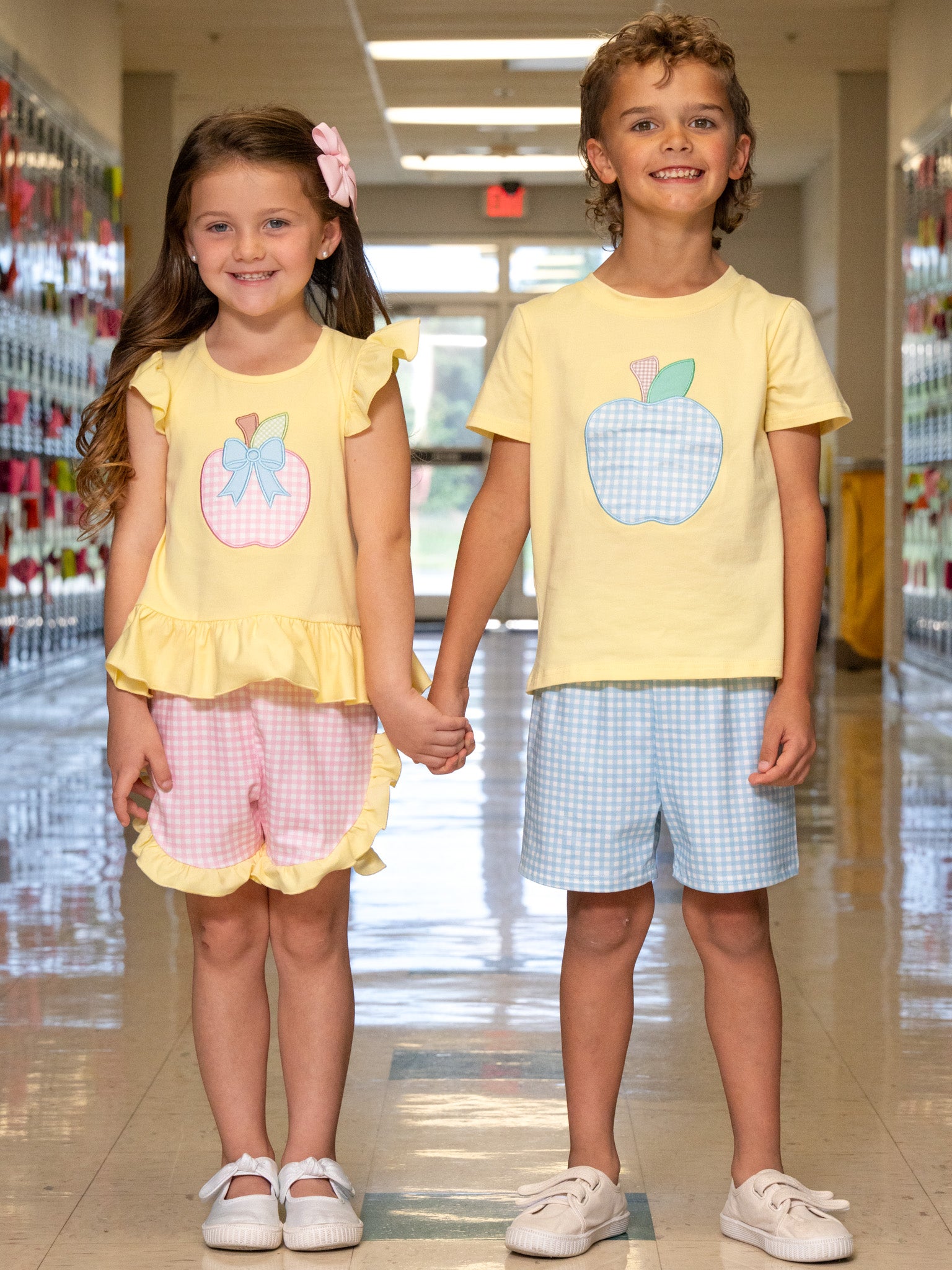 Apple Bow Gingham Embroidered Ruffle Outfit - Marie Nicole Clothing