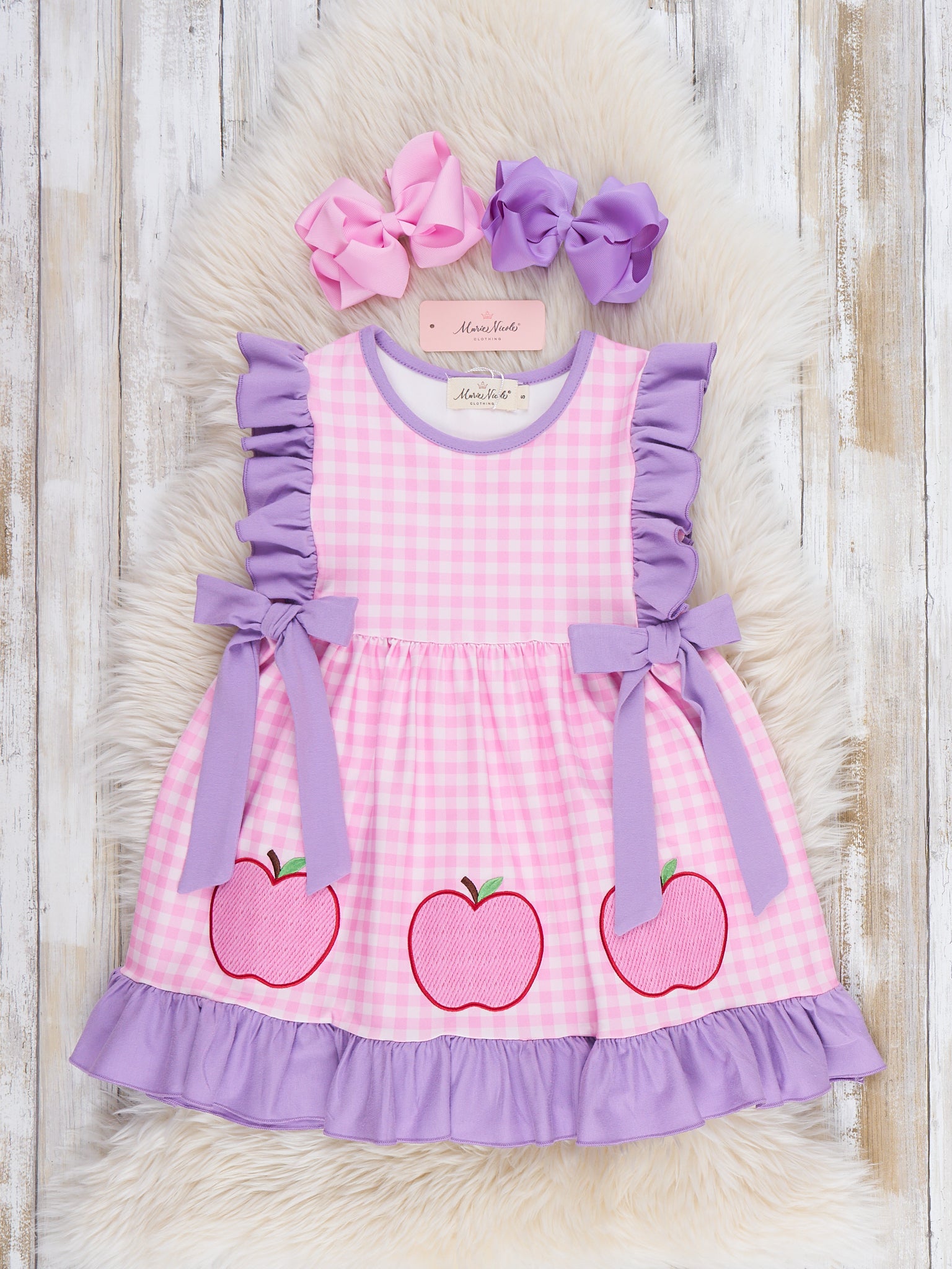 Apple Patch Gingham Embroidered Ruffle Dress - Marie Nicole Clothing