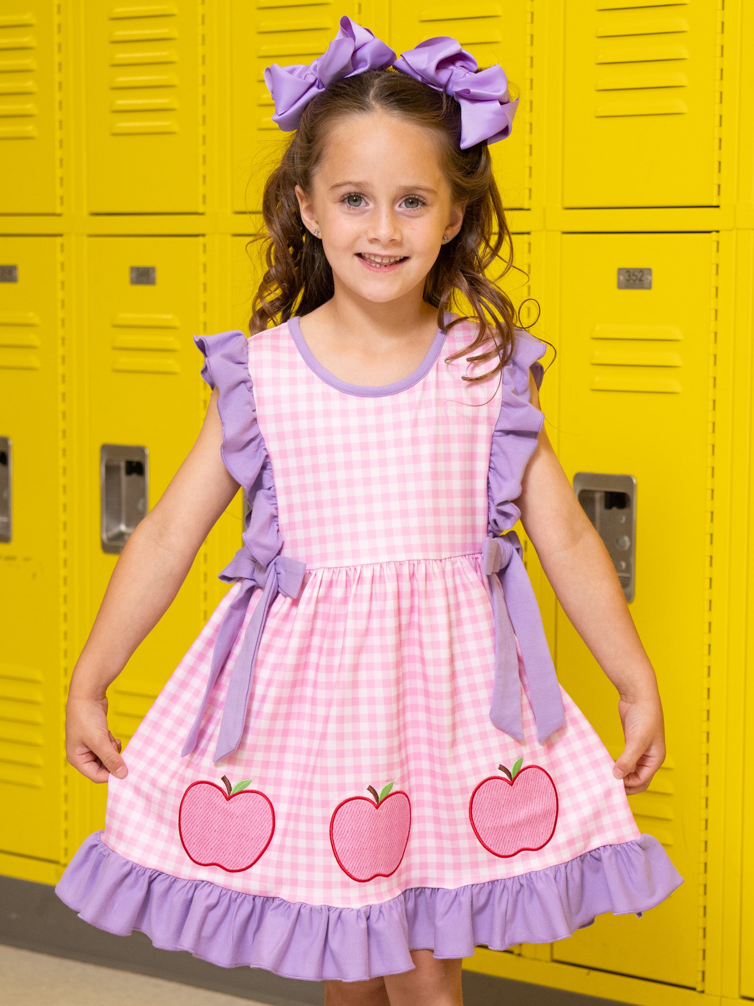 Apple Patch Gingham Embroidered Ruffle Dress - Marie Nicole Clothing