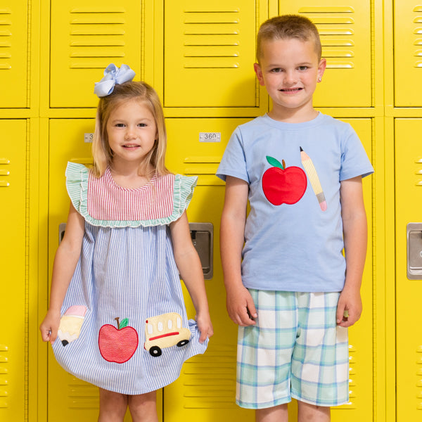 young boy and girl wear back to school matching set