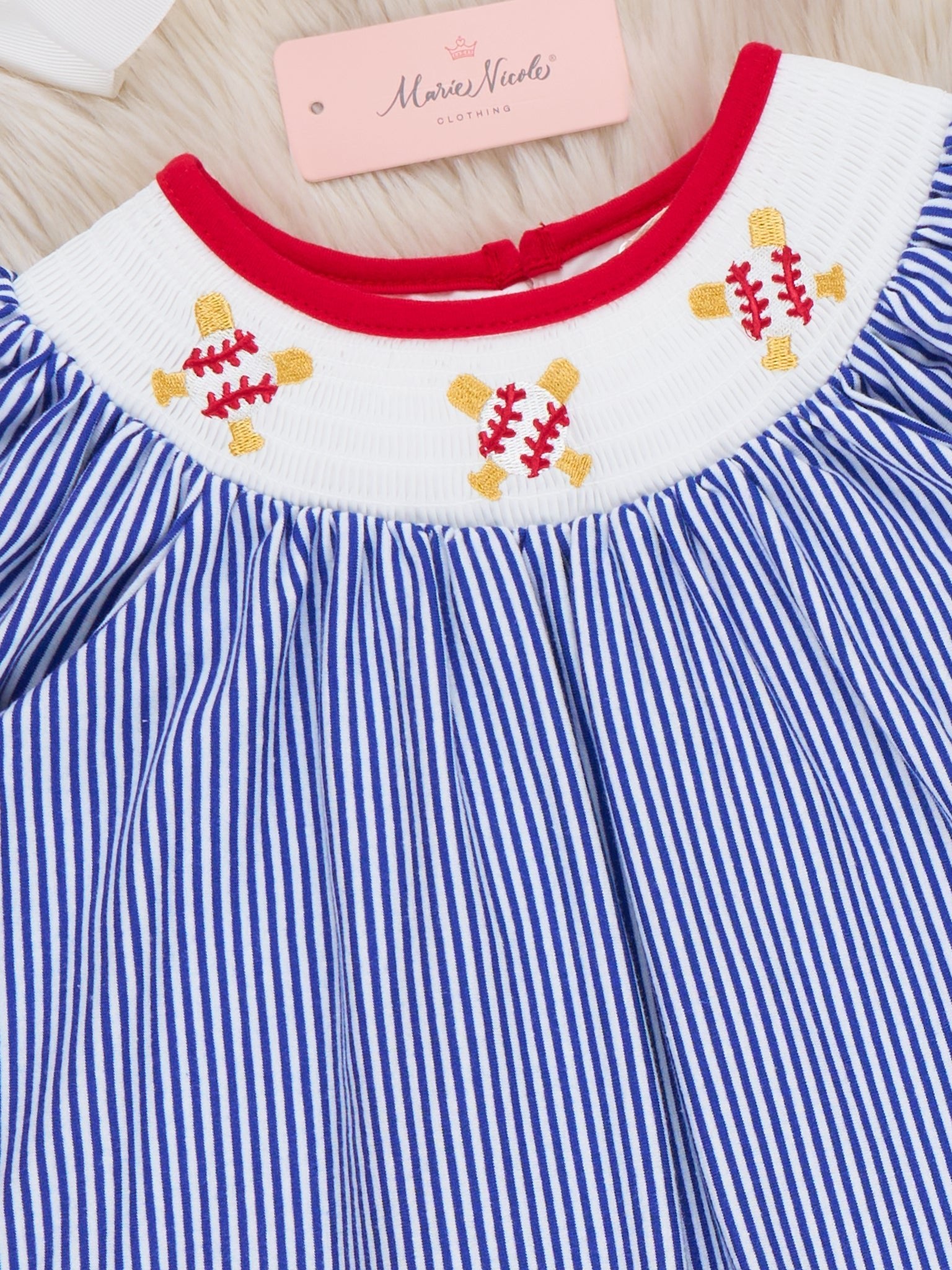 Baseball Charm Smocked Cotton Ruffle Dress - Marie Nicole Clothing