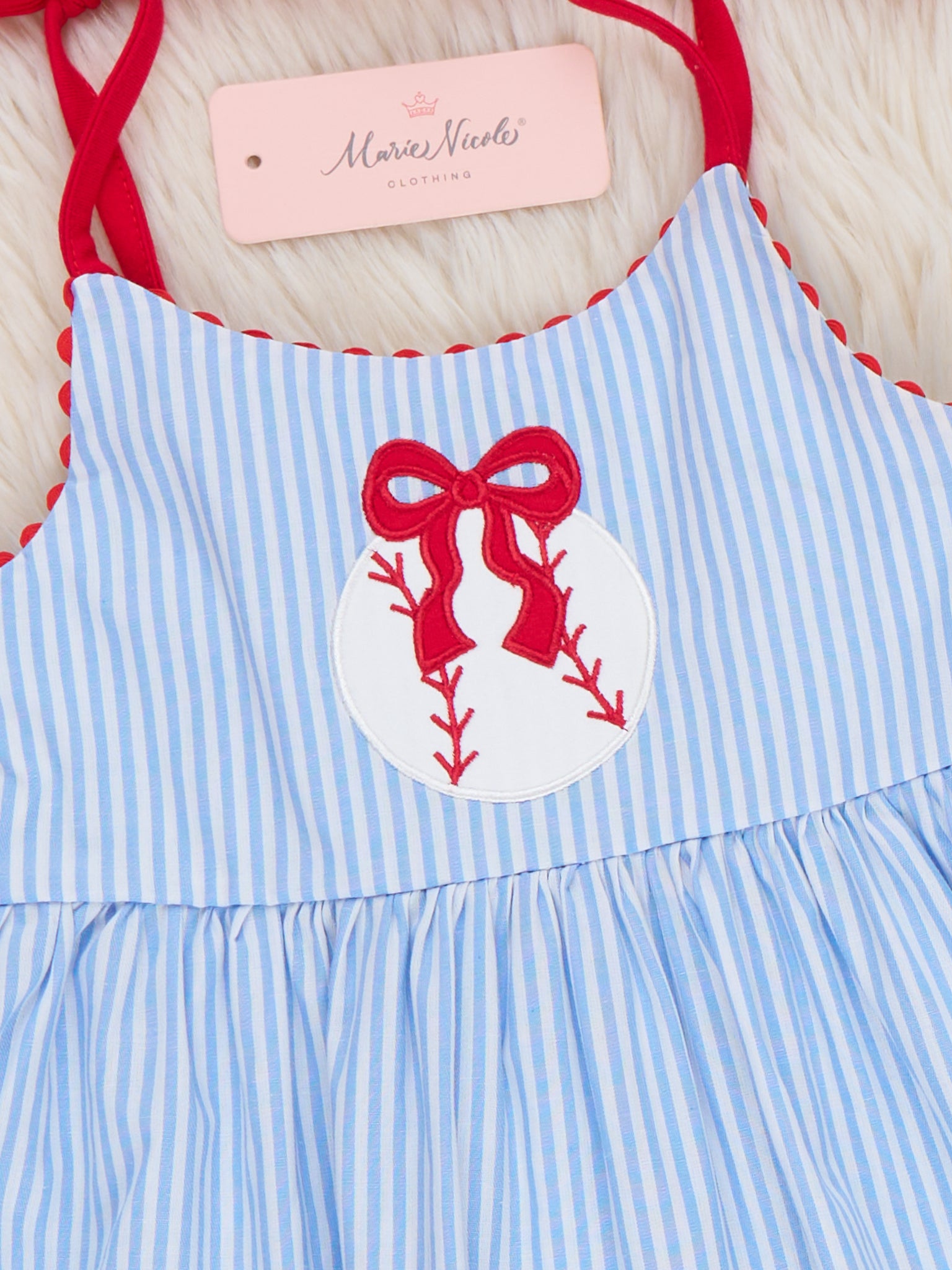 Baseball Dream Bow Embroidered 100% Cotton Ruffle Dress - Marie Nicole Clothing