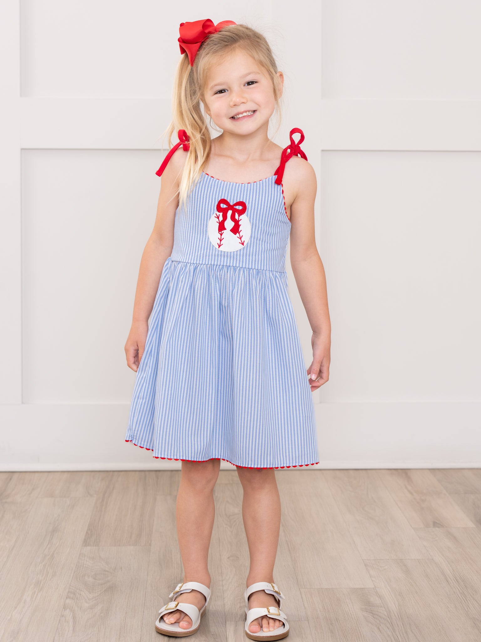Baseball Dream Bow Embroidered 100% Cotton Ruffle Dress - Marie Nicole Clothing