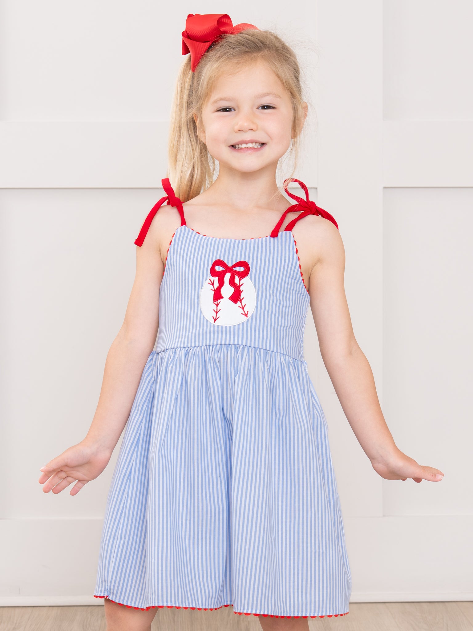 Baseball Dream Bow Embroidered 100% Cotton Ruffle Dress - Marie Nicole Clothing
