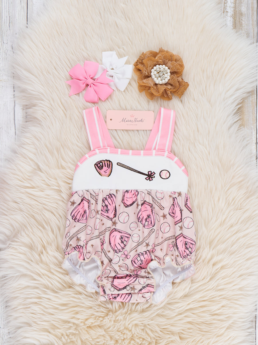 Baseball Swing Time Embroidered Ruffle Bubble Romper - Marie Nicole ...