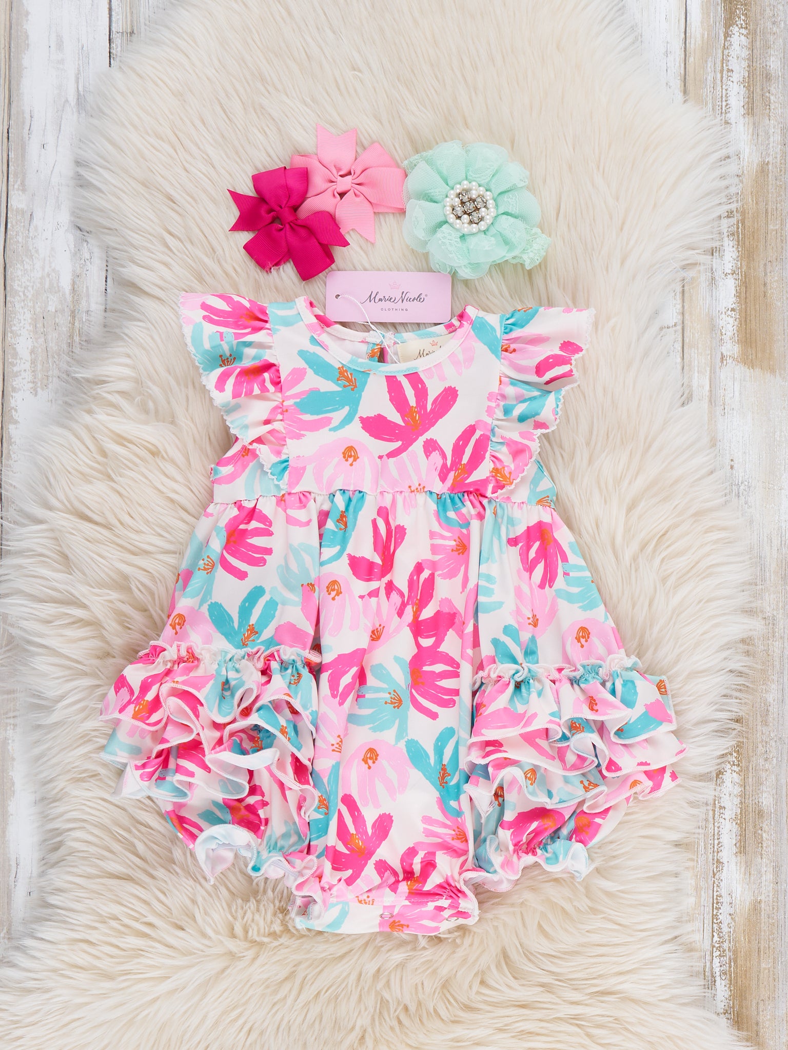 Ruffle Bubble Romper - Hibiscus - Marie Nicole Clothing