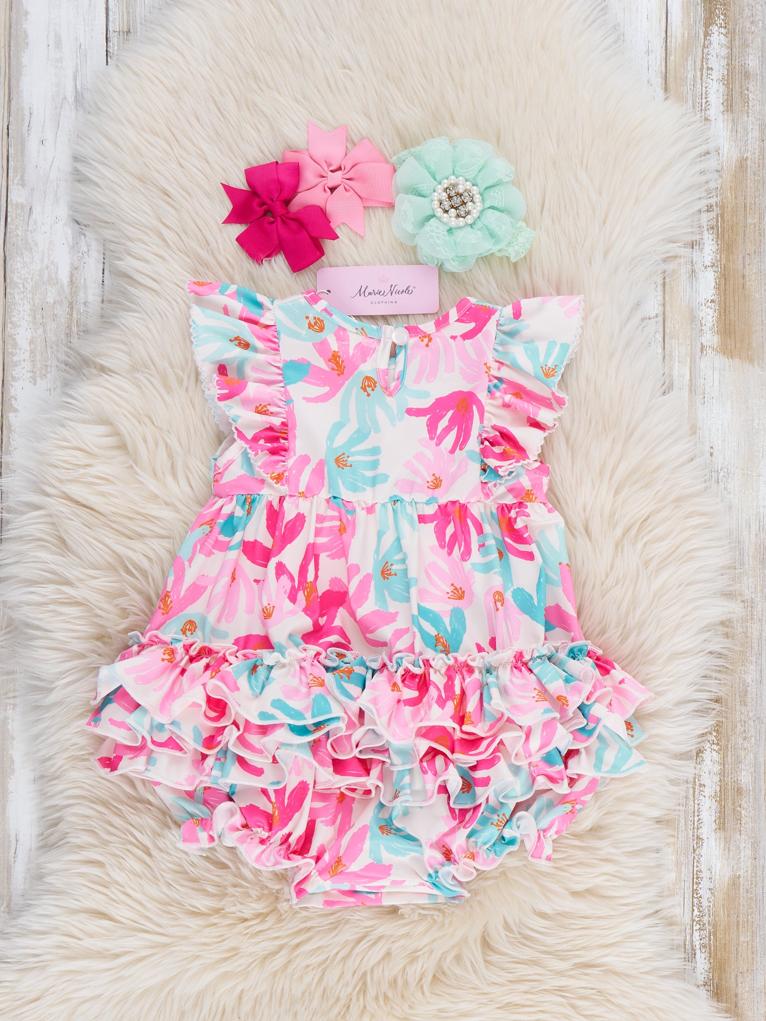Ruffle Bubble Romper - Hibiscus - Marie Nicole Clothing